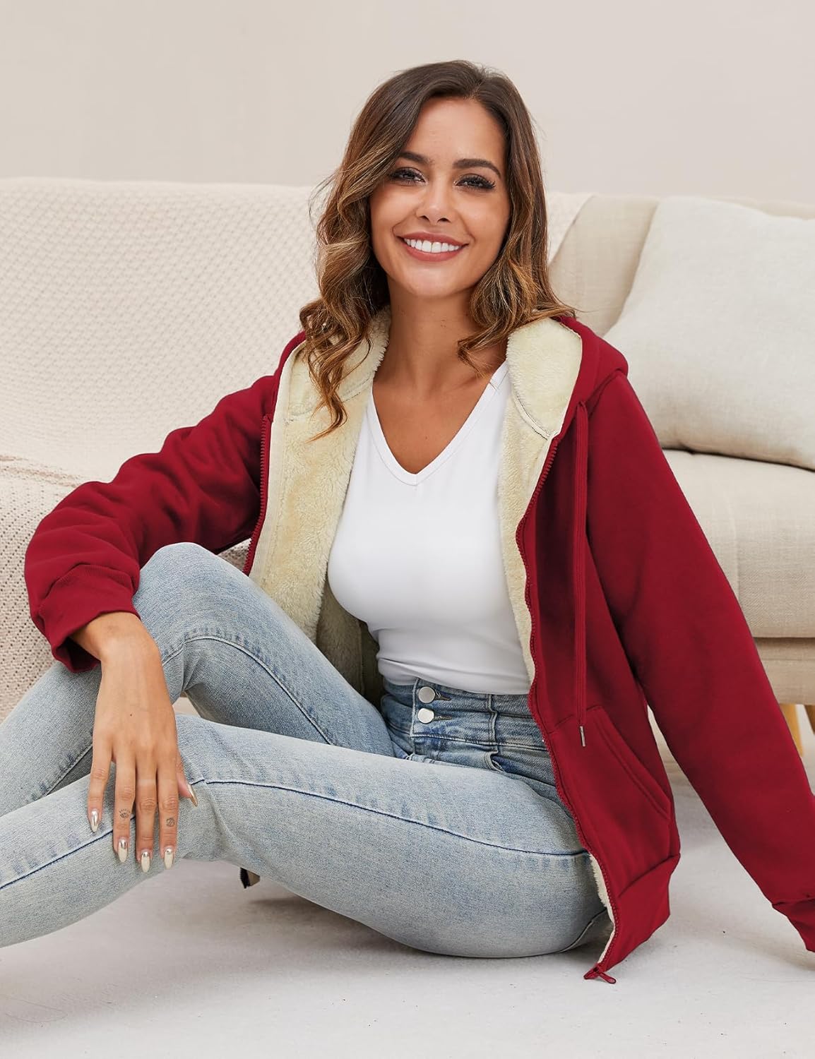 Gihuo Women's Sherpa Lined Hooded Sweatshirt Zip Up Winter Warm Hoodie Comfy Hooded Fleece Jacket - Image 5