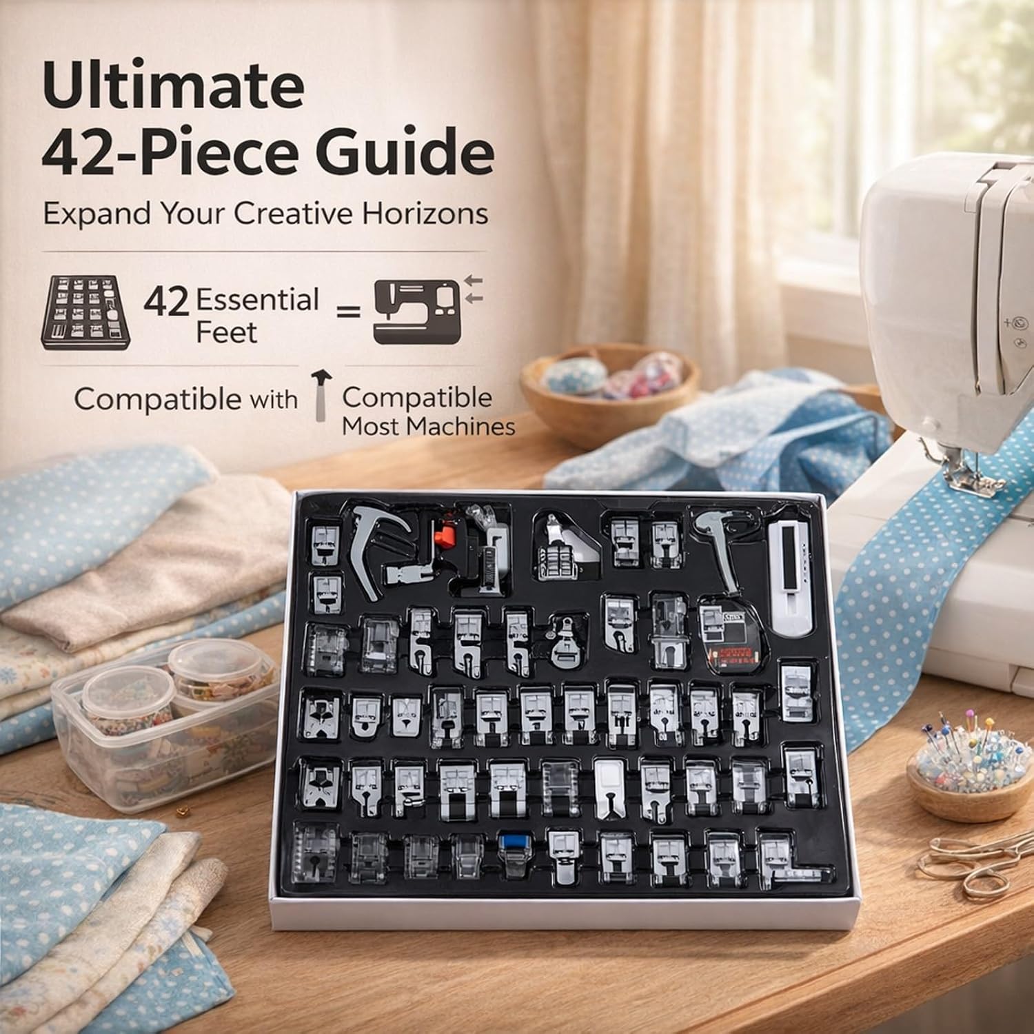 42 Pcs Multifunction Sewing Machine Parts, Presser Foot Kit, Various Feet for Household Use - Pressure Foot Machine Accessories, Low Shank, Ruffler, Hem Presser