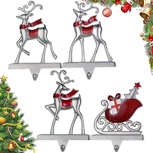 Juego de 4 soportes para calcetines para manto, 3 ganchos para calcetines de renos + 1 gancho para calcetines de árbol de Navidad para decoración de