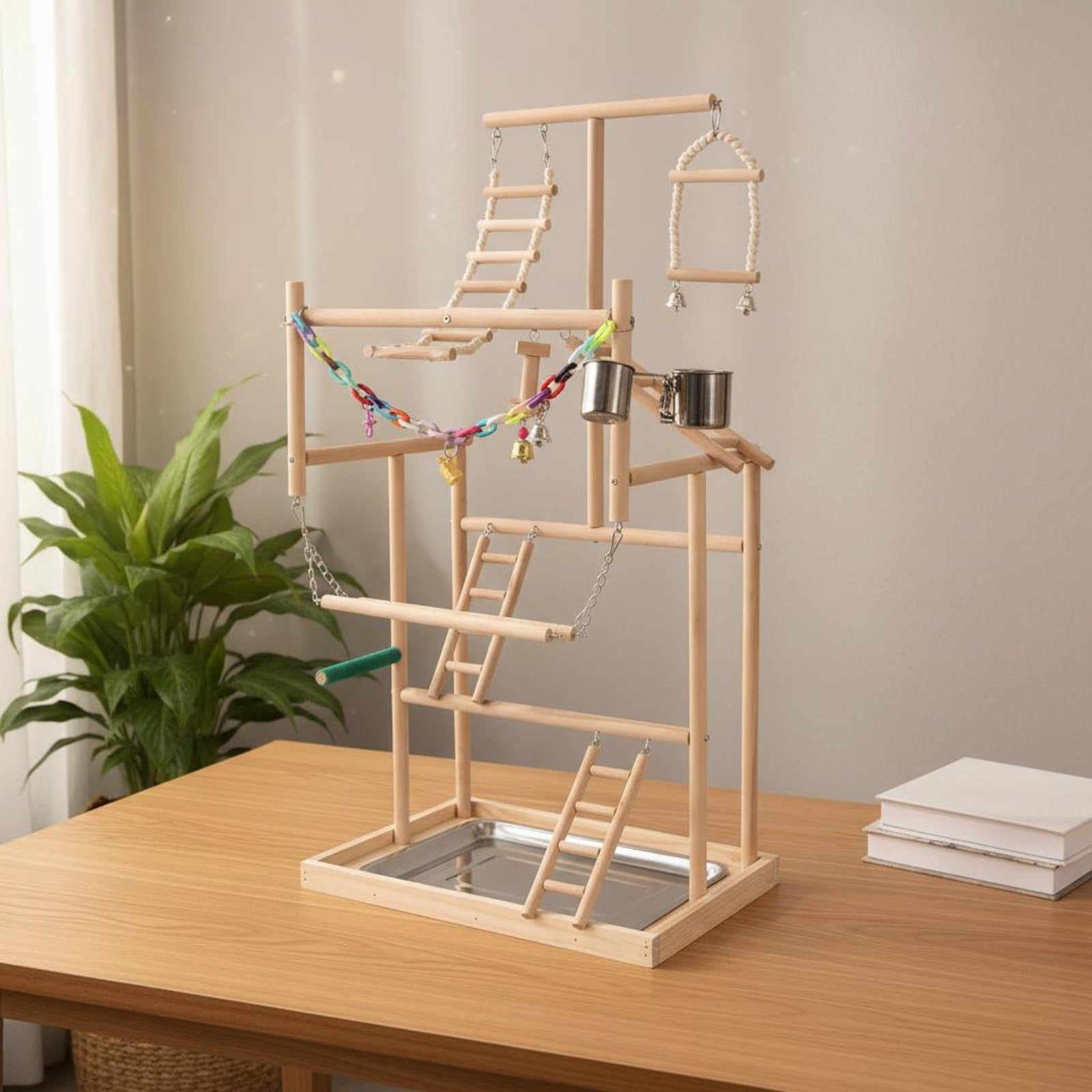 Colcolo Perchoir pour Oiseaux Support d'Entraînement Échelle Parc d'Activités en Bois Métal Plastique avec Accessoires Interactifs Convient à Détente et Exercice Quotidien Cage et Plan de Travail