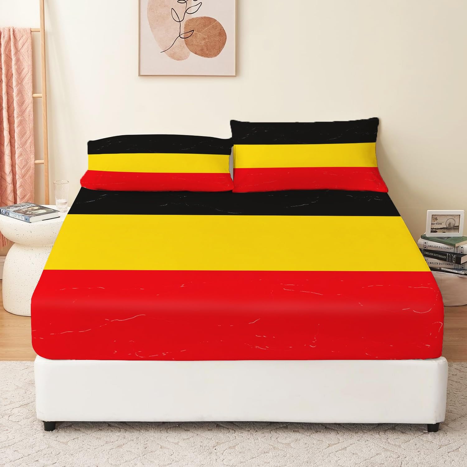 Prześcieradło z gumką 160 x 200 cm, ochraniacz na materac, niemiecka flaga, miękkie prześcieradło z mikrofibry, wielokolorowe, nadaje się do materacy do 30 cm, dostarczane z dwoma poszewkami na