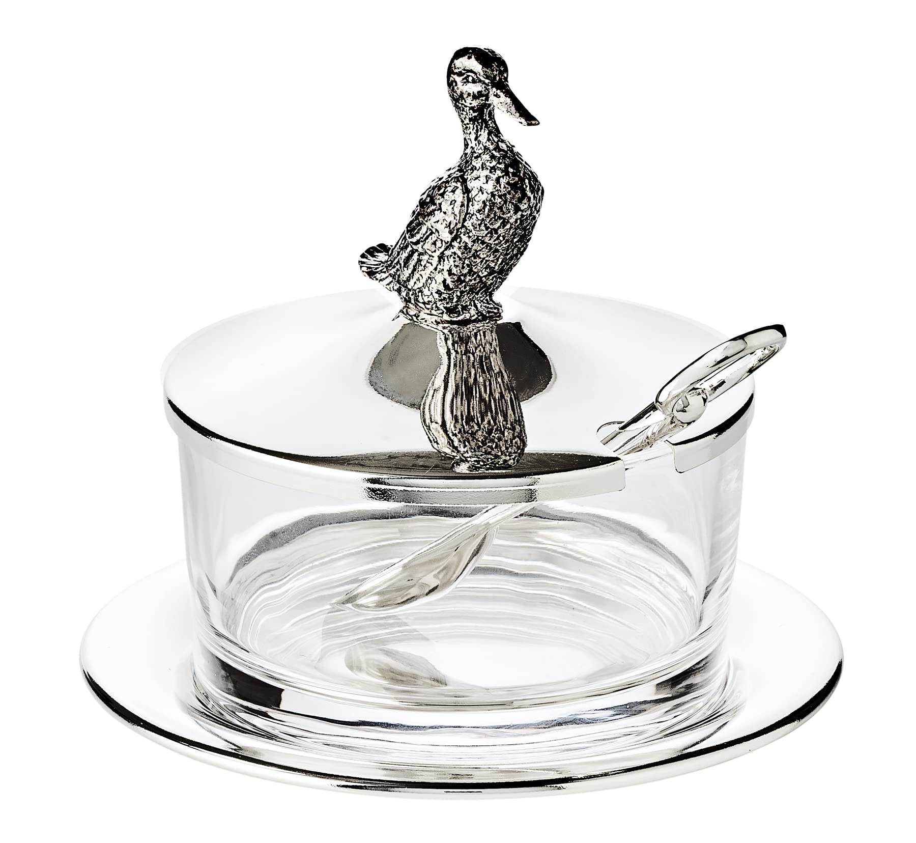 EDZARD Marmeladenglas Zuckerdose Ente mit Untersetzer, edel versilbert, mit Löffel aus hochwertigem Edelstahl, Höhe 12 cm, Durchmesser 14 cm, Glas ø 10 cm