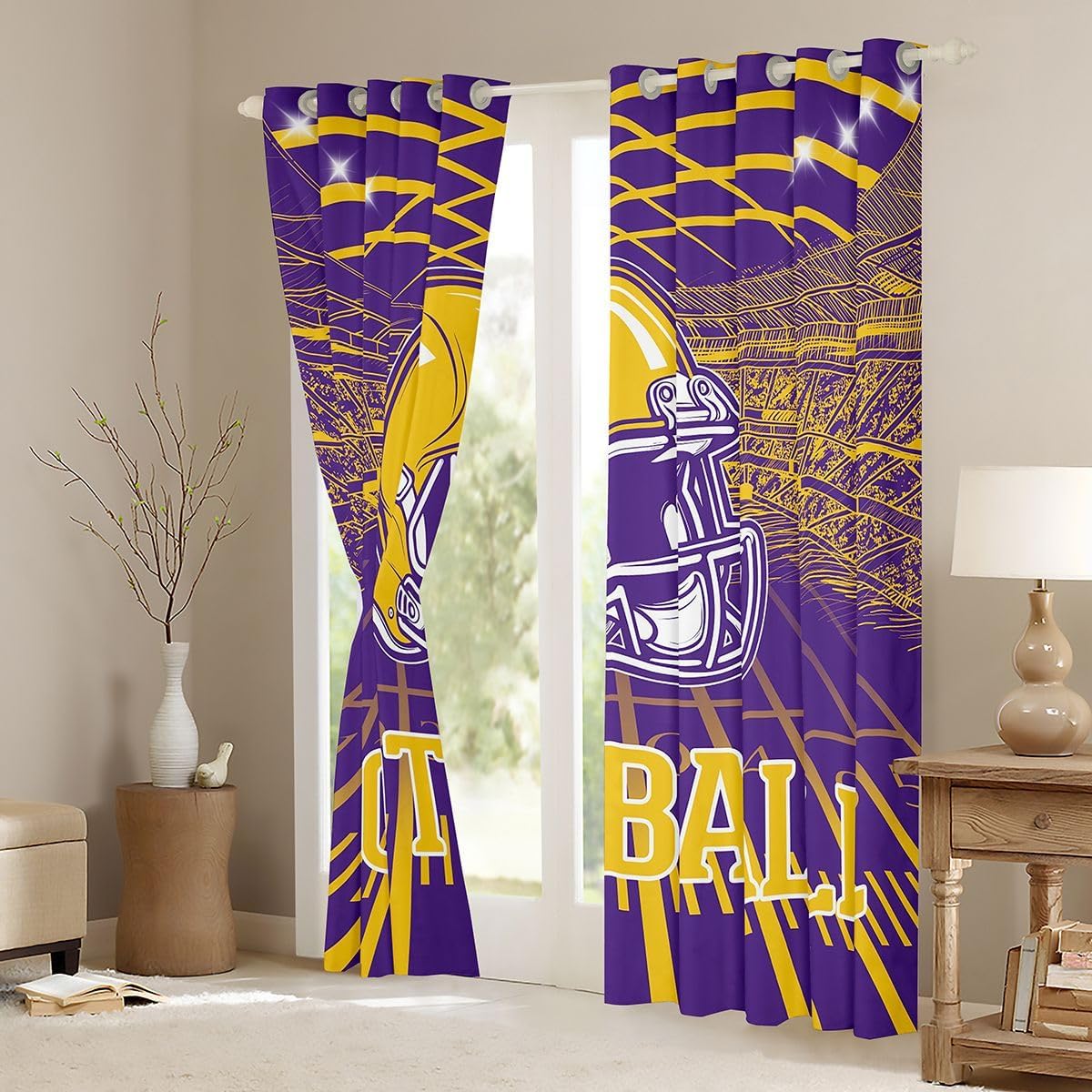 Erosebridal Football City Window Drapes Rugby Football Seasonal Color Blackout Curtains, 3D Sports Fan Gifts Curtains Purple and Yellow Rugby Helmet Curtains & Drapes 42''Wx90''L