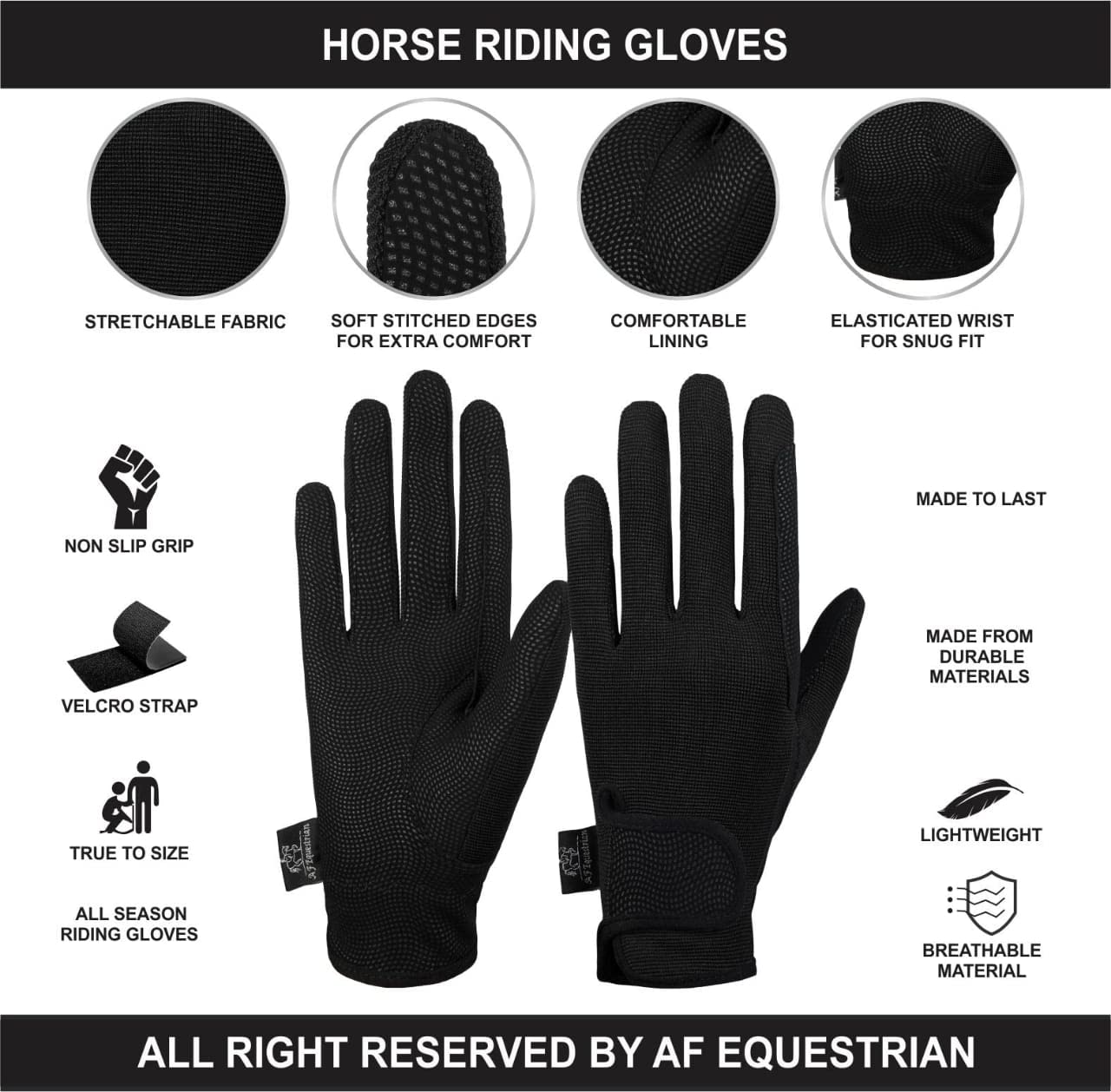 AFE Gants d'équitation pour femme en cuir synthétique stretch noir