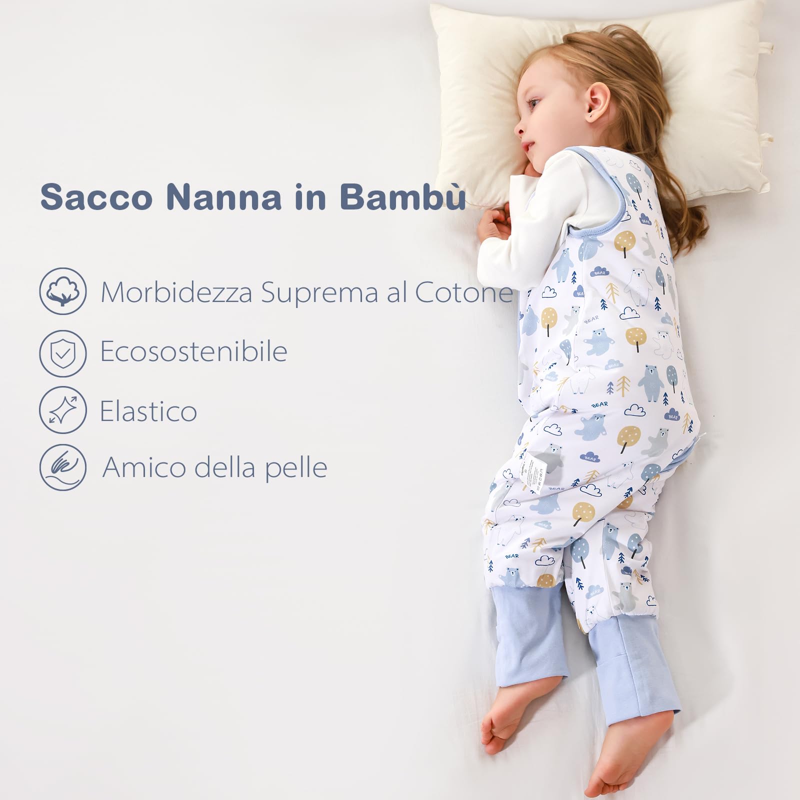 ToyaTec Sacco nanna con piedi, 2,5 Tog, super morbido, realizzato in rayon di bambù, per bambini, in fibra di bambù, per l'inverno, per l'autunno e l'inverno (orsi, 100cm (3-5 Jahre))