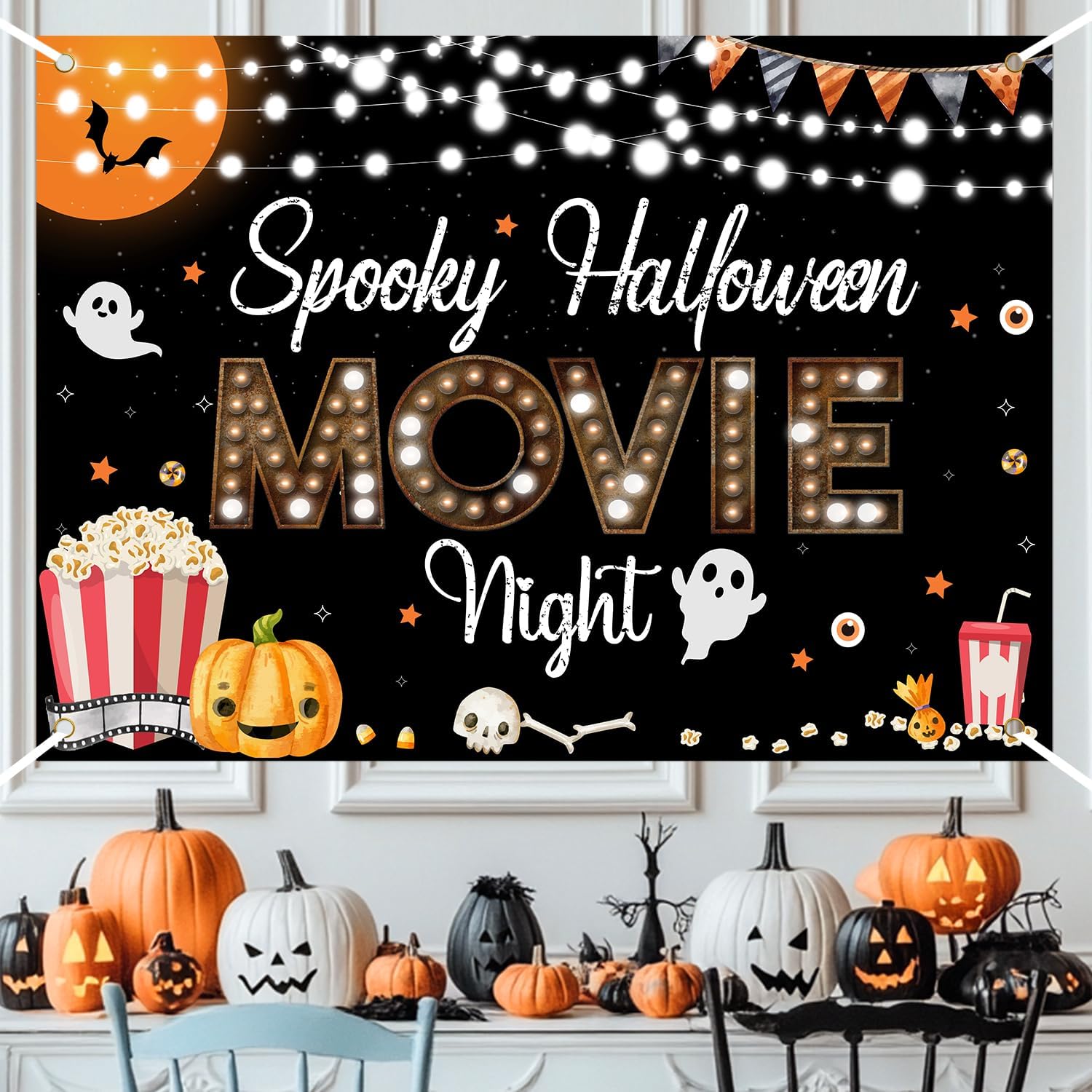 Spooky Halloween Movie Night Backdrop Orange Black Halloween Party Decorations Skeleton Pumpkin Popcorn Movie Night Photography Background for Children Adult Halloween Party Decor Supplies 7x5ft