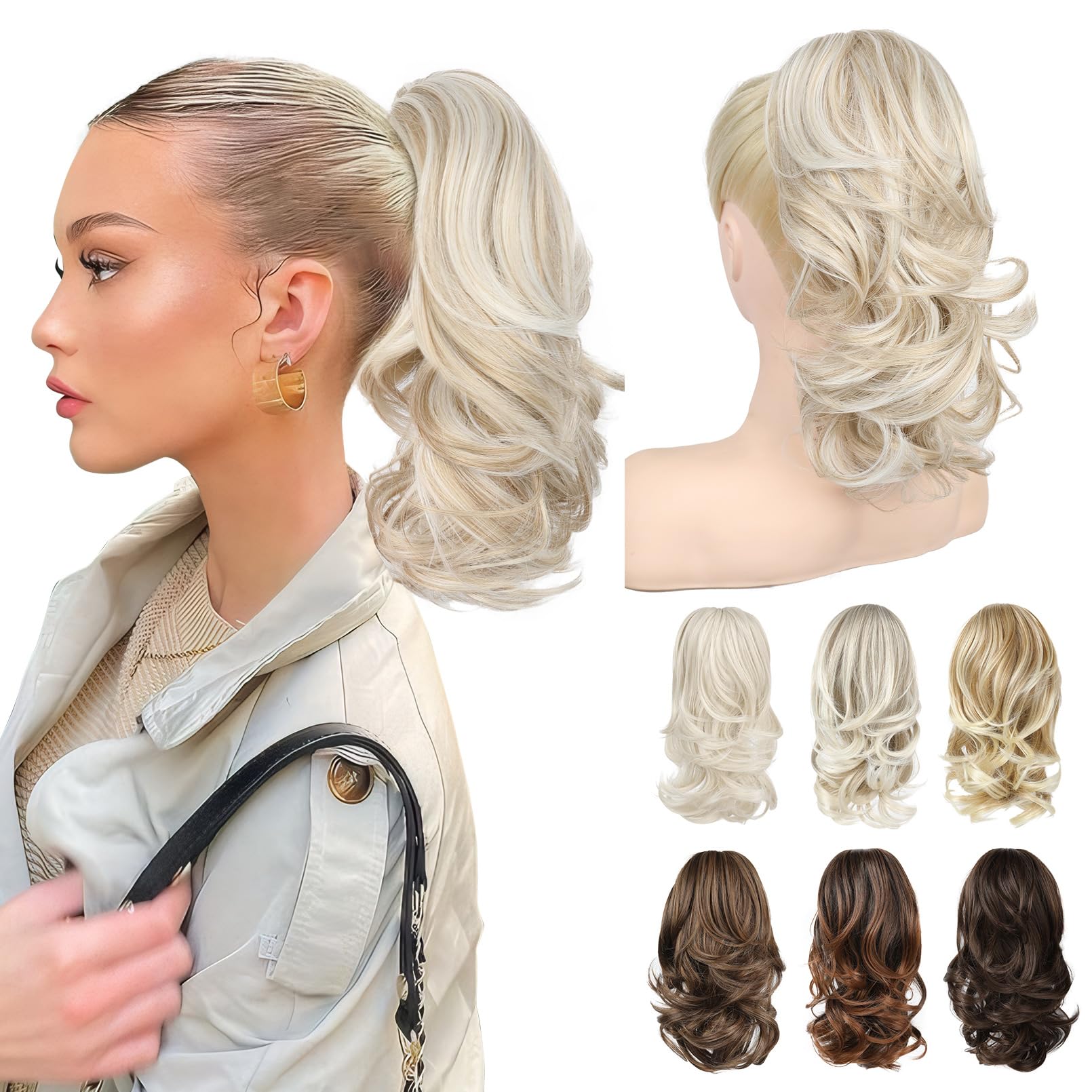 NTYNTY Ponytail Extension - 14" Claw Clip in Ponytail Hair Extensions Natural Soft Synthetic Layered Wavy Pony Tail Hair Pieces for Women - Ash Blonde