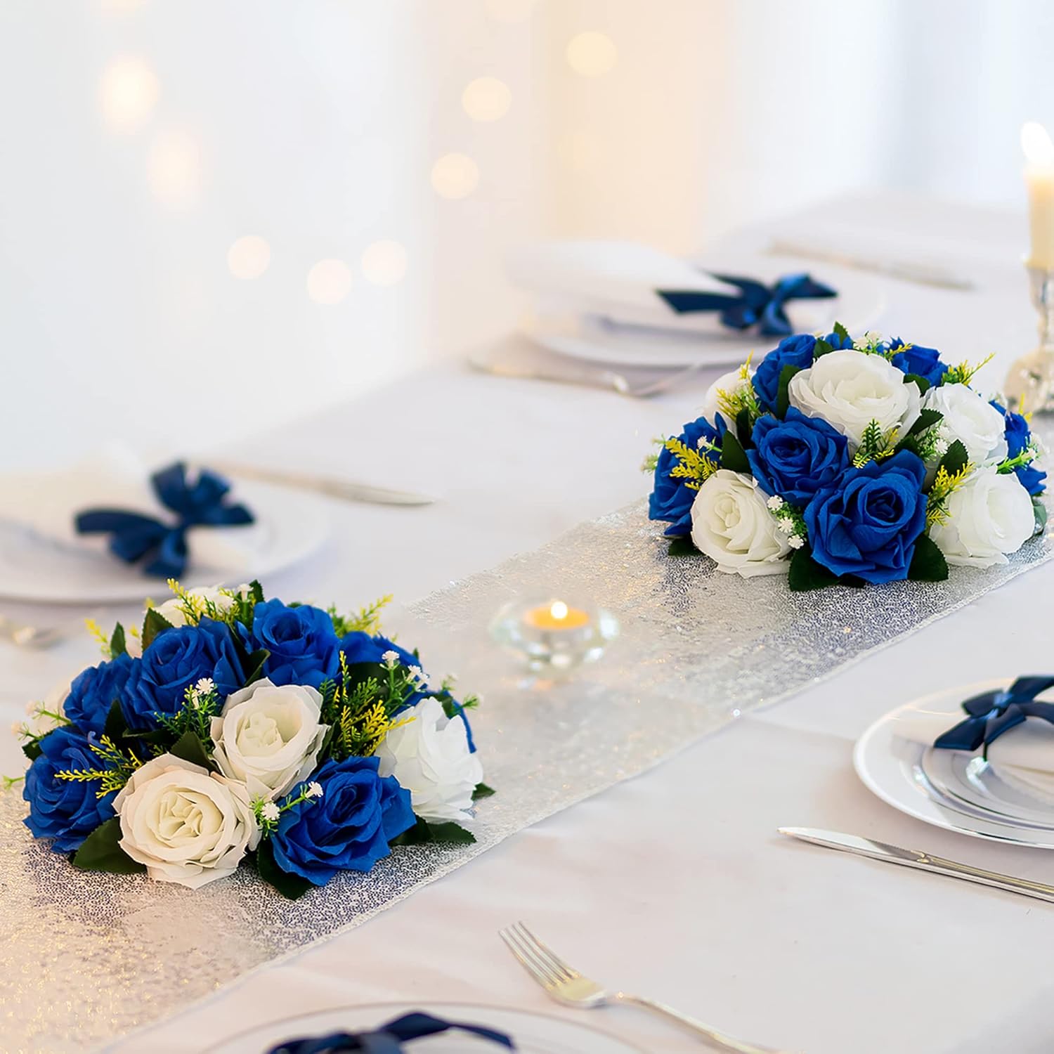 BLOSMON Royal Blue White Flowers: 2 Pcs Fake Roses Flower Balls Centerpiece for Wedding Table - Artificial Silk Kissing Bouquet Floral Arrangement for Home Party Event Decor - Image 2