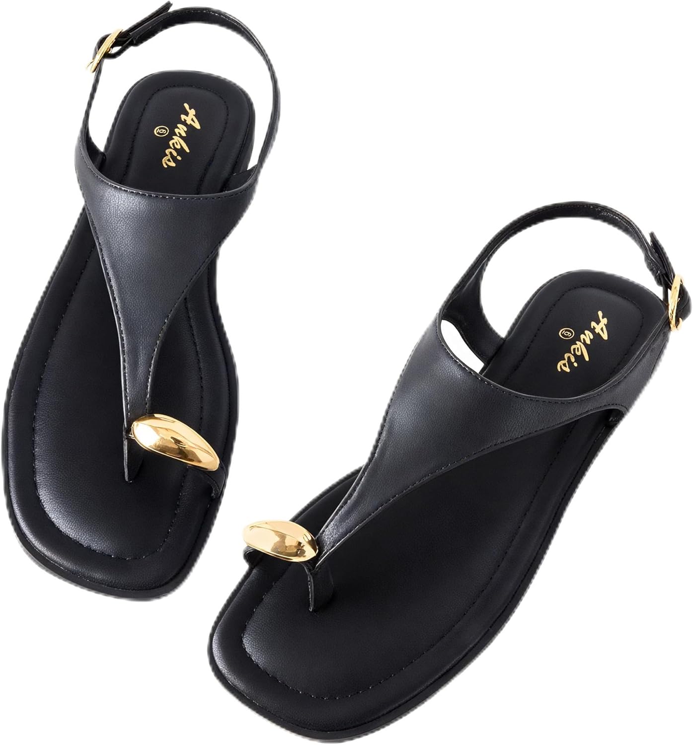 Womens Toe Ring Thong Sandals Square Open Toe Flat Sandals Adjustable Ankle Buckle Strap Comfort Summer Beach Casual Walking Flip Flops for Women