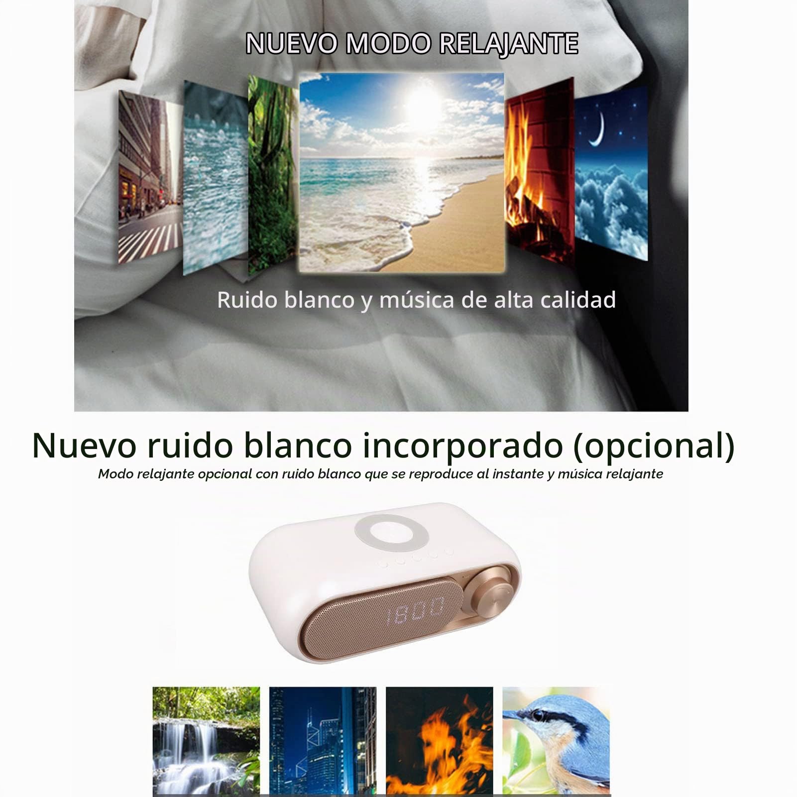 Reloj Despertador Digital, Radio Reloj Despertador con Altavoz Bluetooth de Carga Inalámbrica LED Reloj Despertador Digital Simple y Moderno Altavoz de Radio FM con Cargador (Spray Oro 10W)