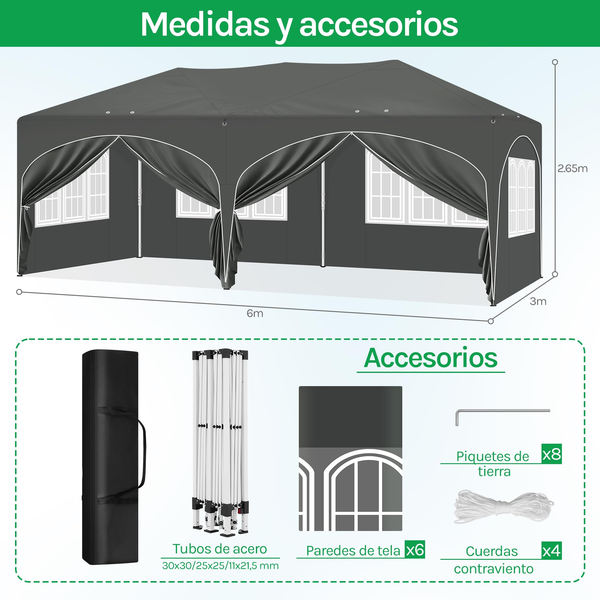 Laneetal Carpa Plegable 3x6 M, Gazebo de Jardín con 6 Paredes Laterales con Cremalleras En Las Ventanas, Pergola Jardín para Exterior, Pabellón Cenador para Camping y Fiestas, Gris