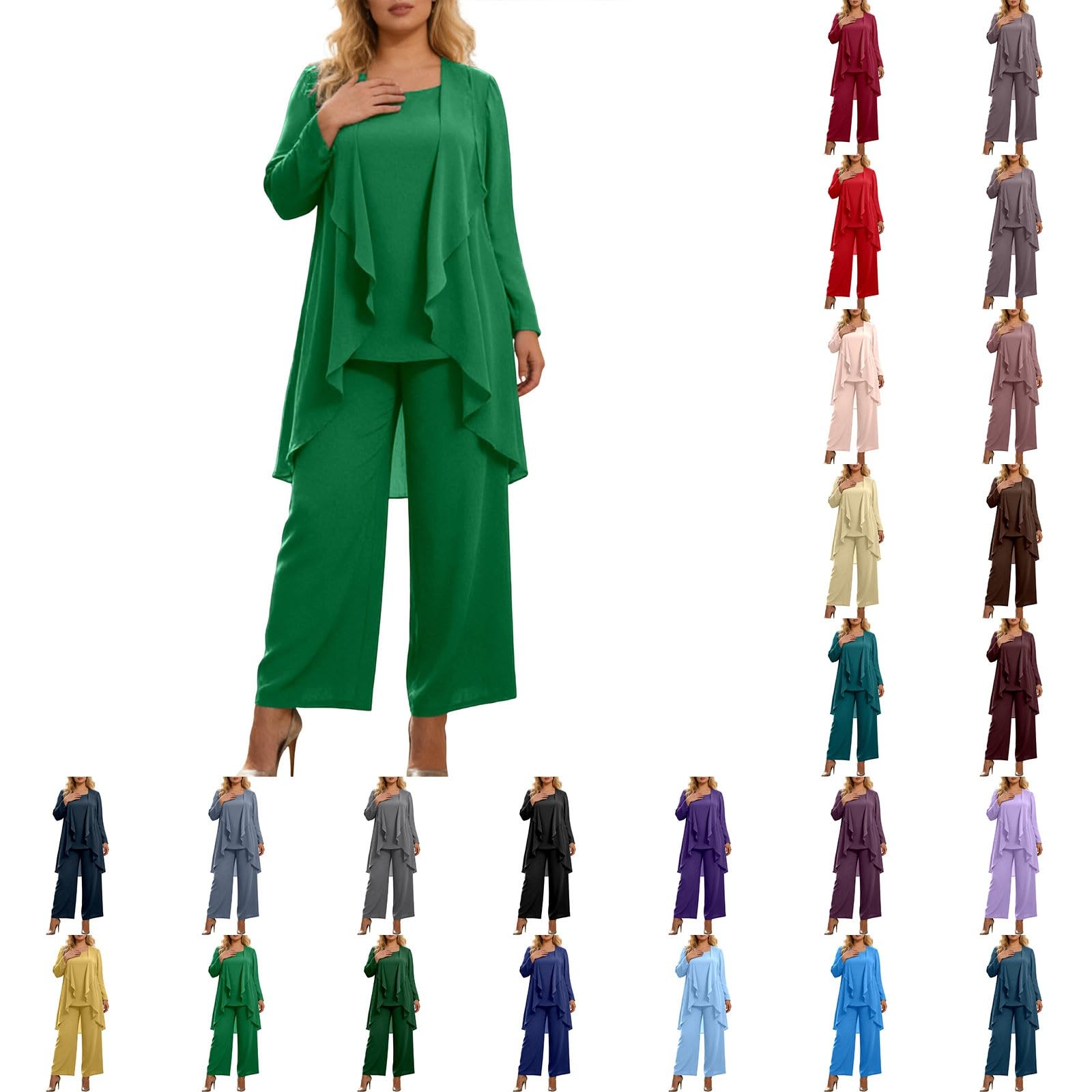 3 pezzi Madre della Sposa Tuta Pantaloni Donna Grandi Taglie Festive Abito Chiffon per Matrimonio Vintage Pantaloni Lunghi Camicia In Chiffon E Cardigan Elegante Locker Abito Da Sera Leggero
