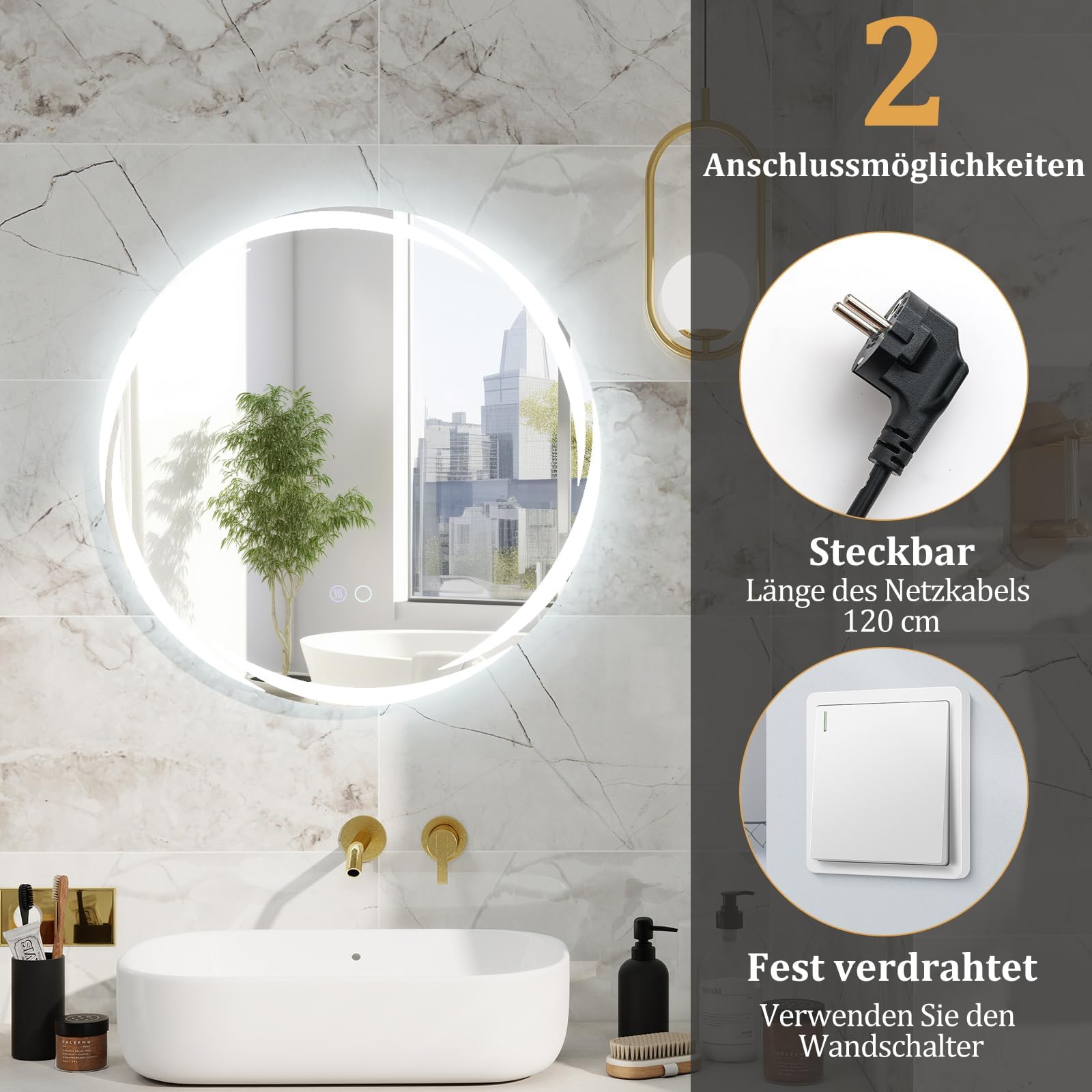 FANTASK Specchio da bagno a LED con illuminazione, 60 cm, rotondo, anti-appannamento, da parete, dimmerabile, con interruttore touch e funzione memoria, per bagno, ovale, 60 L x 60 B cm