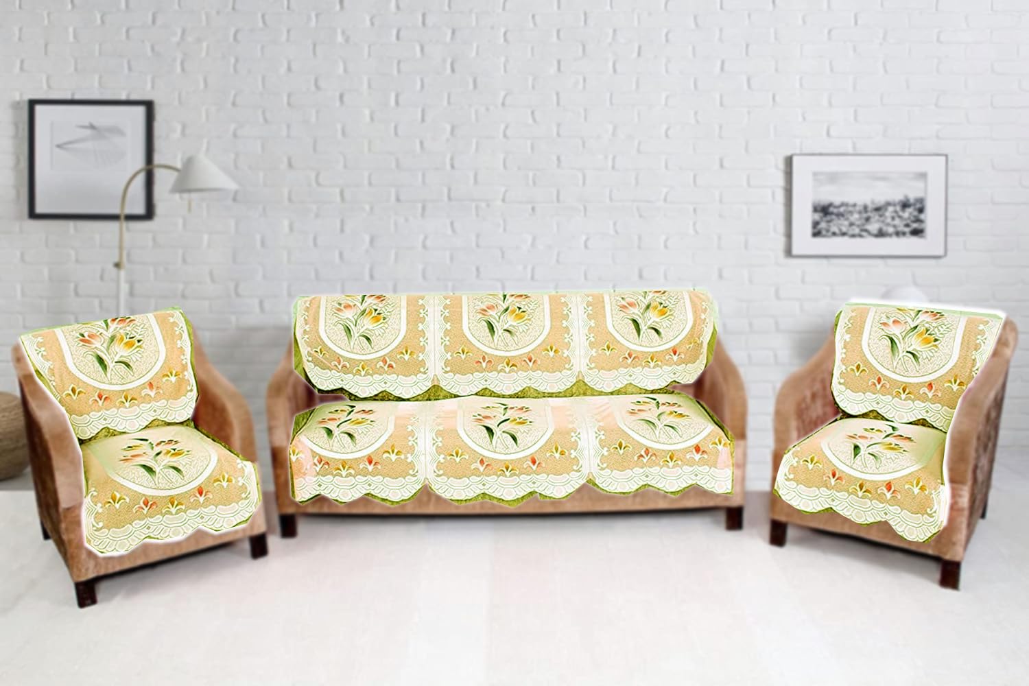 RENVA Cotton Sofa Cover Set for 5 Seater/3 Seater | Floral Printed Sofa Slipcover for Living Room | Soft & Washable Sofa Protector (Orange, 5 Seater)-image-19