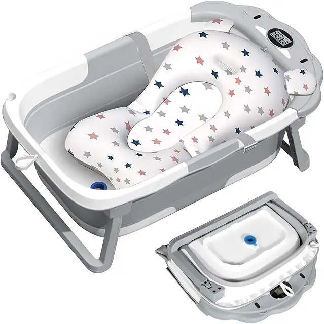 Baignoire Bébé Pliable avec Thermomètre et Coussin - Idéal 0-3 ans