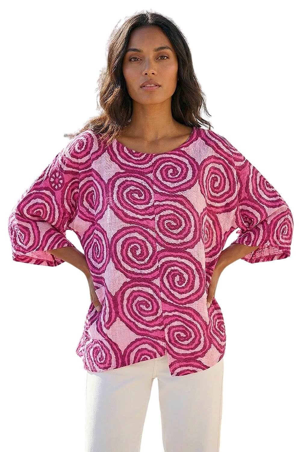 Roman Women's Pink Spiral Print Asymmetric Tunic Top Large