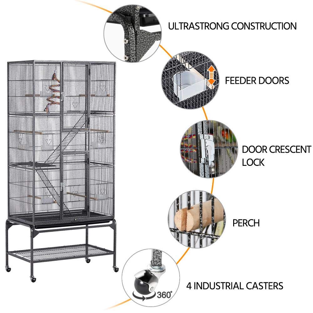 Yaheetech Grande Cage à Oiseaux, volière à 3 Niveaux, pour perruches, perroquets, calopsittes, Chinchillas, rongeurs, Rats et Rats Noir Hauteur 176 cm