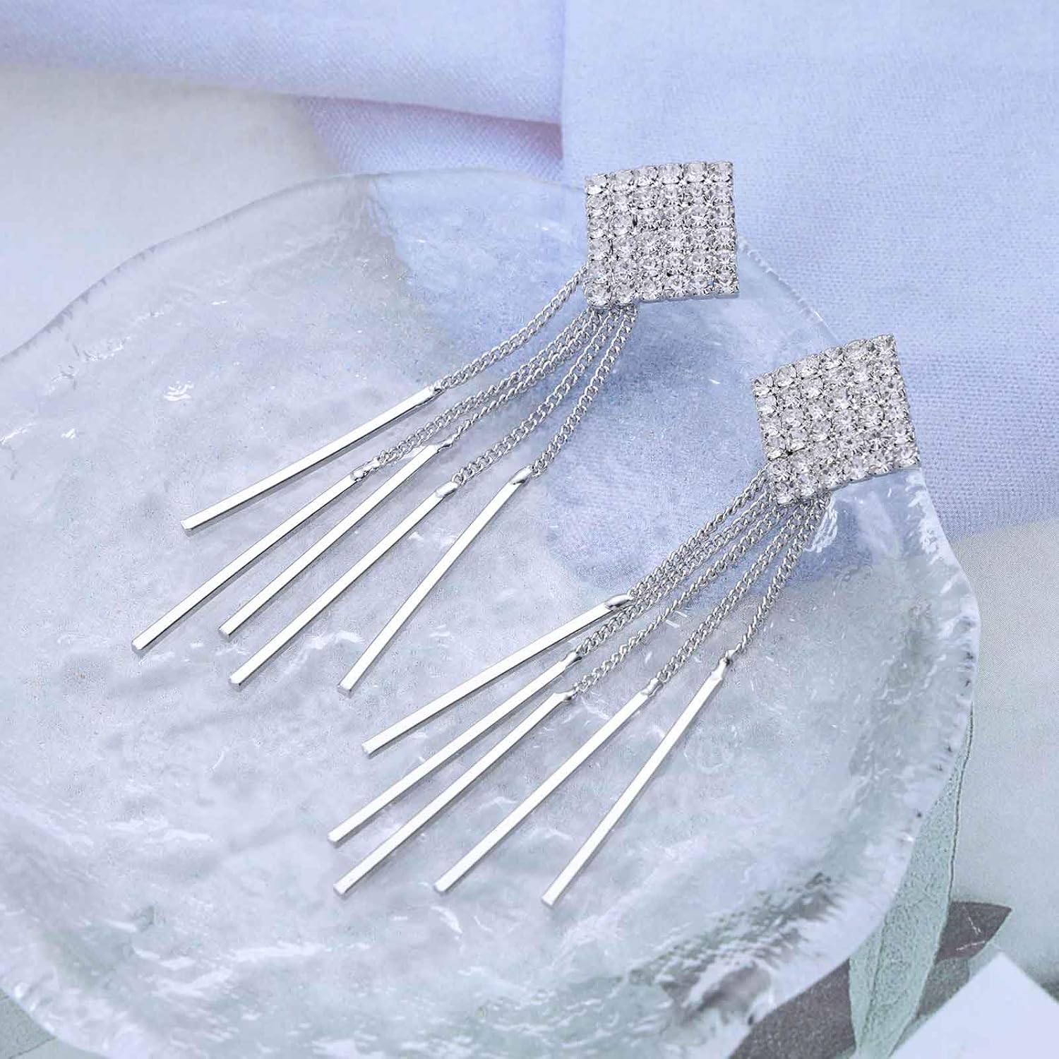 Silver Rhinestone Tassel Dangle Earrings Vertical Bar Tassel Earrings Long Chain Fringe Earrings Square Crystal Earrings Metal Chain Drop Earrings Jewelry for Women - Image 4