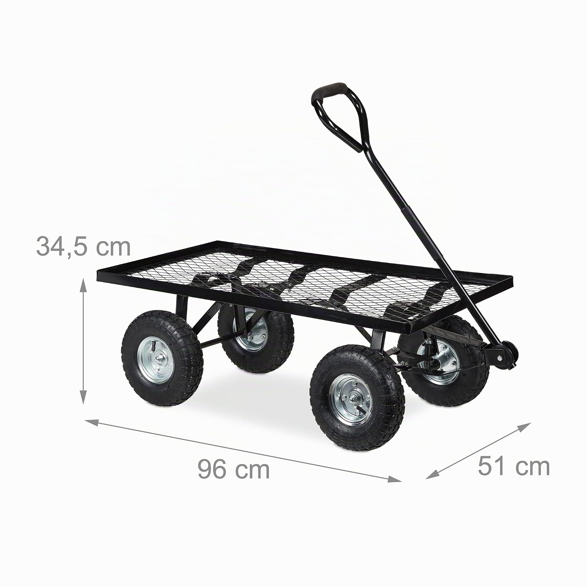 Relaxdays Carretto da Giardino, Carrello a Mano da Trasporto, HLP: 34,5x51x96 cm, Superficie Aperta, Fino a 200 kg, Nero