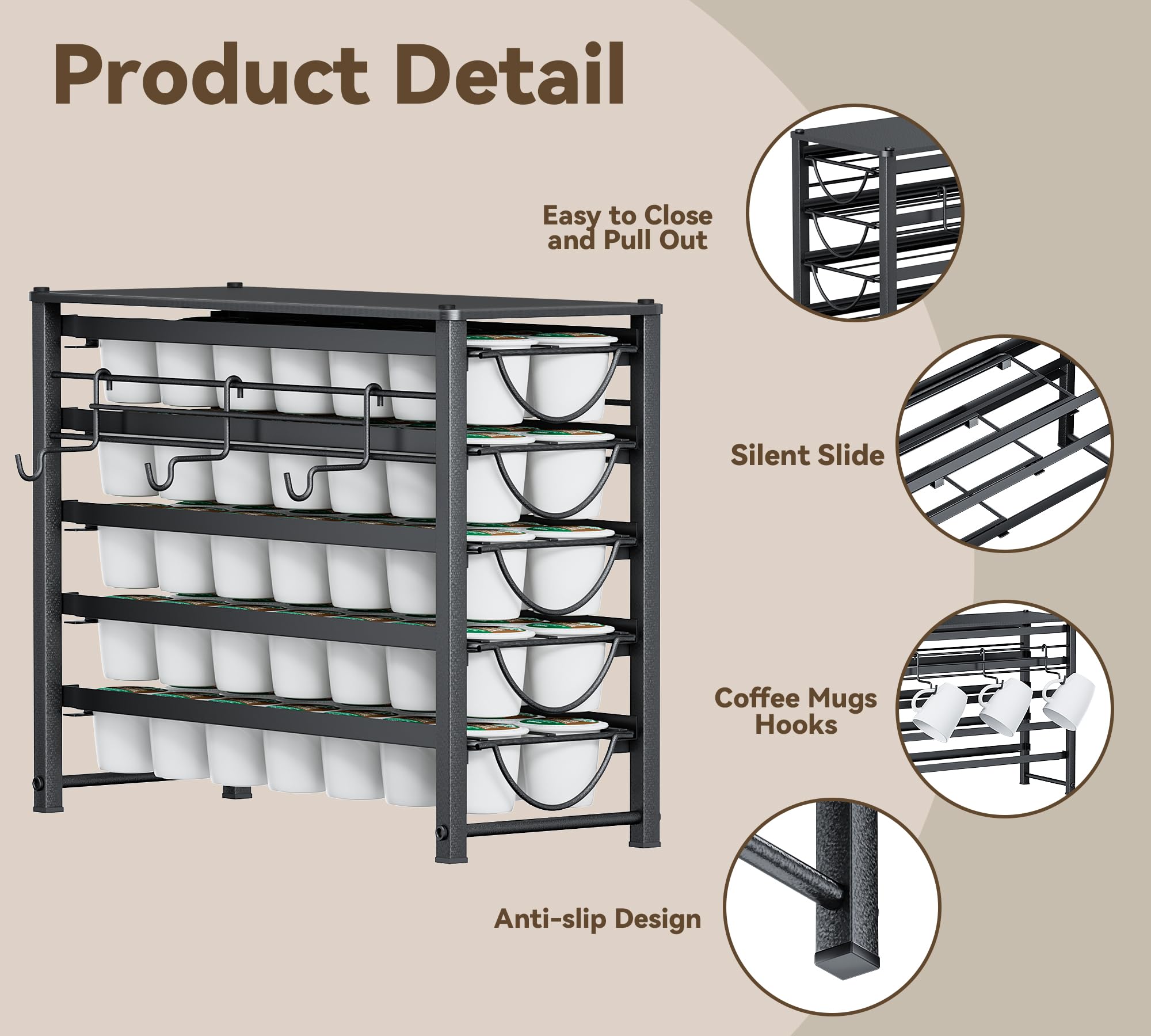 HFHOME Porta cialde da bancone, compatibile con K-Cups, cassetto in metallo a 5 ripiani, organizer per 70 cialde per bancone del caffè, casa, ufficio o cucina, rack per 3 tazze, nero