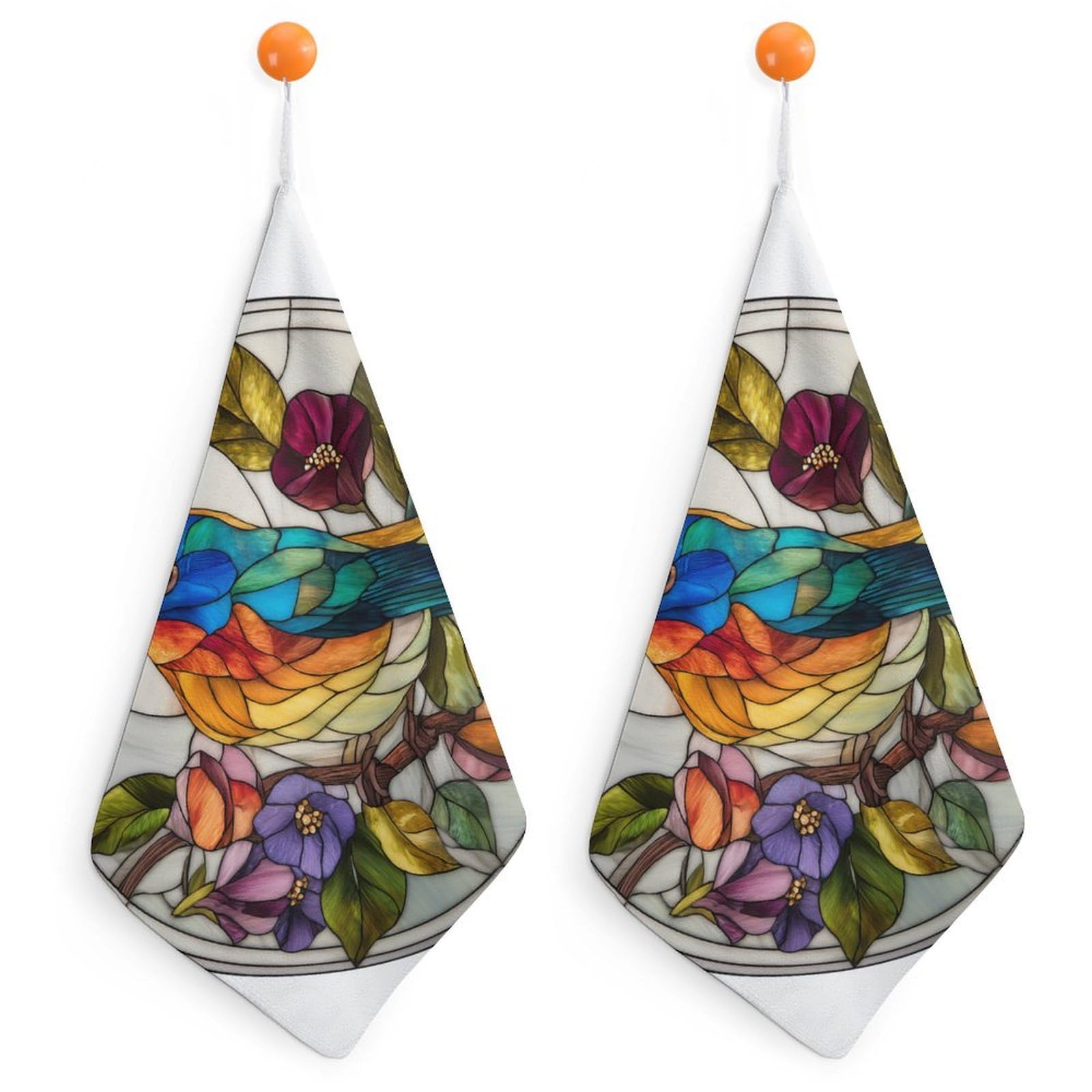 Jubonexis Stained Glass of A Beautiful Bird Tree Flowers Small Hand Towel with Hanging Loop 2 PCS Absorbent Soft Wash Cloth for Kitchen Bathroom