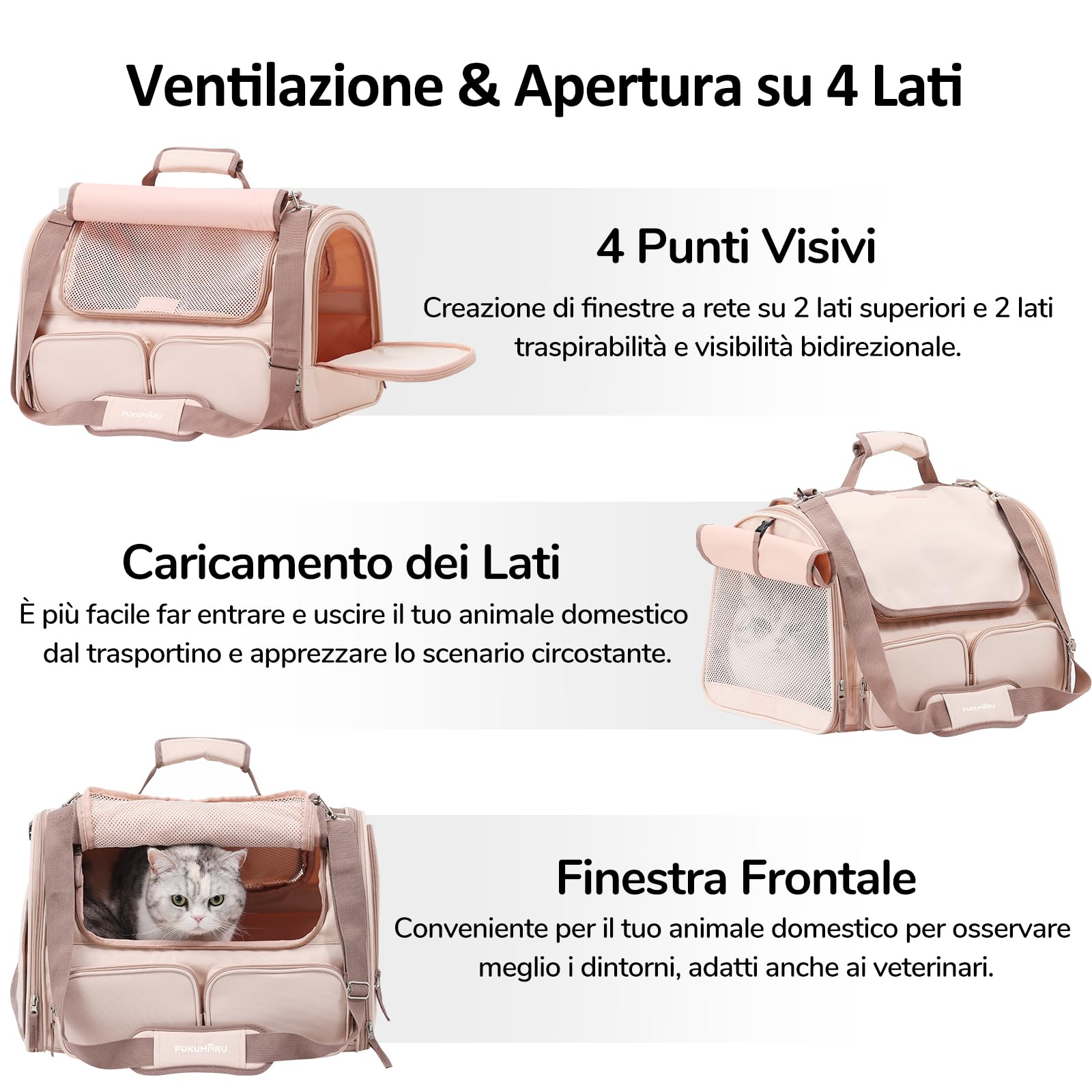 FUKUMARU Trasportino Per Cani e Gatti,Borsa Approvato Per Il Trasporto Aereo,Trasportino Pieghevole Per Animale Domestico Taglia Piccola Fino a 7 kg, Traspirante, Rosa
