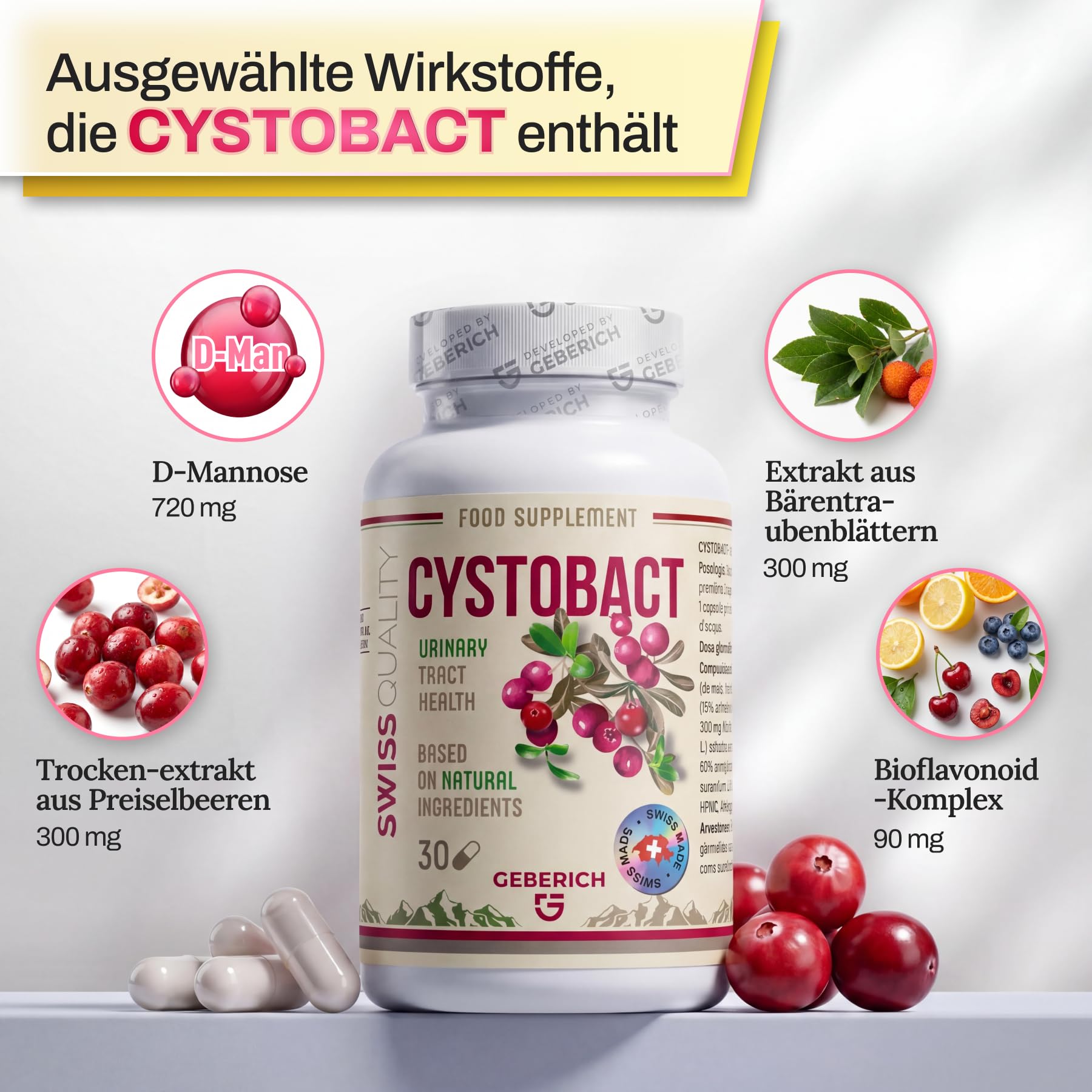 Kapseln CYSTOBACT | Gesundheit der Harnwege | D-Mannose 720mg + Cranberry-Extrakt 300mg | Blasengesundheit | mit Erdbeerbaum-Extrakt (5% Arbutin) 320mg und Bioflavonoiden | 30 Kapseln