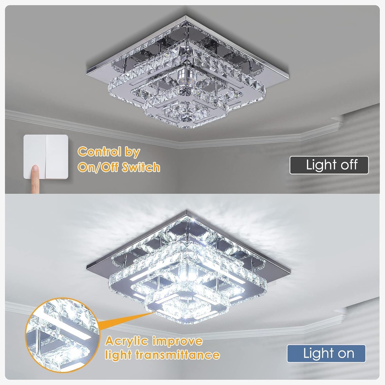 FRIXCHUR Crystal Chandelier LED Crystal Ceiling Light 2 Layers 12 inch Flush Mount Ceiling Light Modern Chandeliers Lighting for Bedroom Hallway Staircase Kitchen Closet (Cool White)