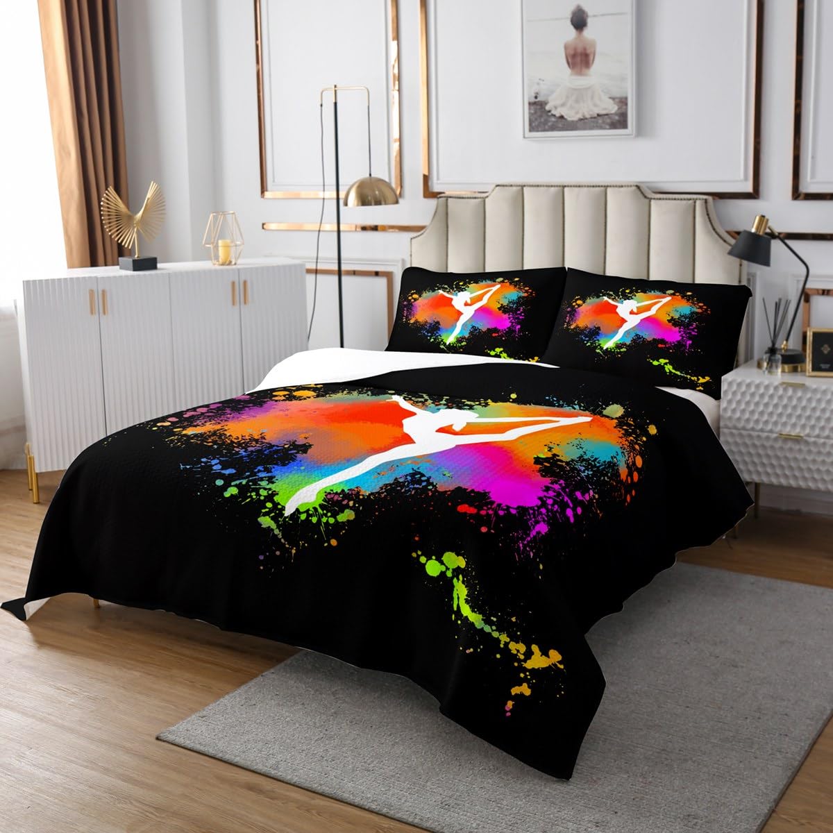 Ballet Quilt Set for Girls Women,Ballerina Ballet Dancer Coverlet Set,Colorful Graffiti Tie Dye Bedspread Set Queen,Gymnastics Sport Quilted Gifts for Ballet Lovers Teal Orange Pink Red Green