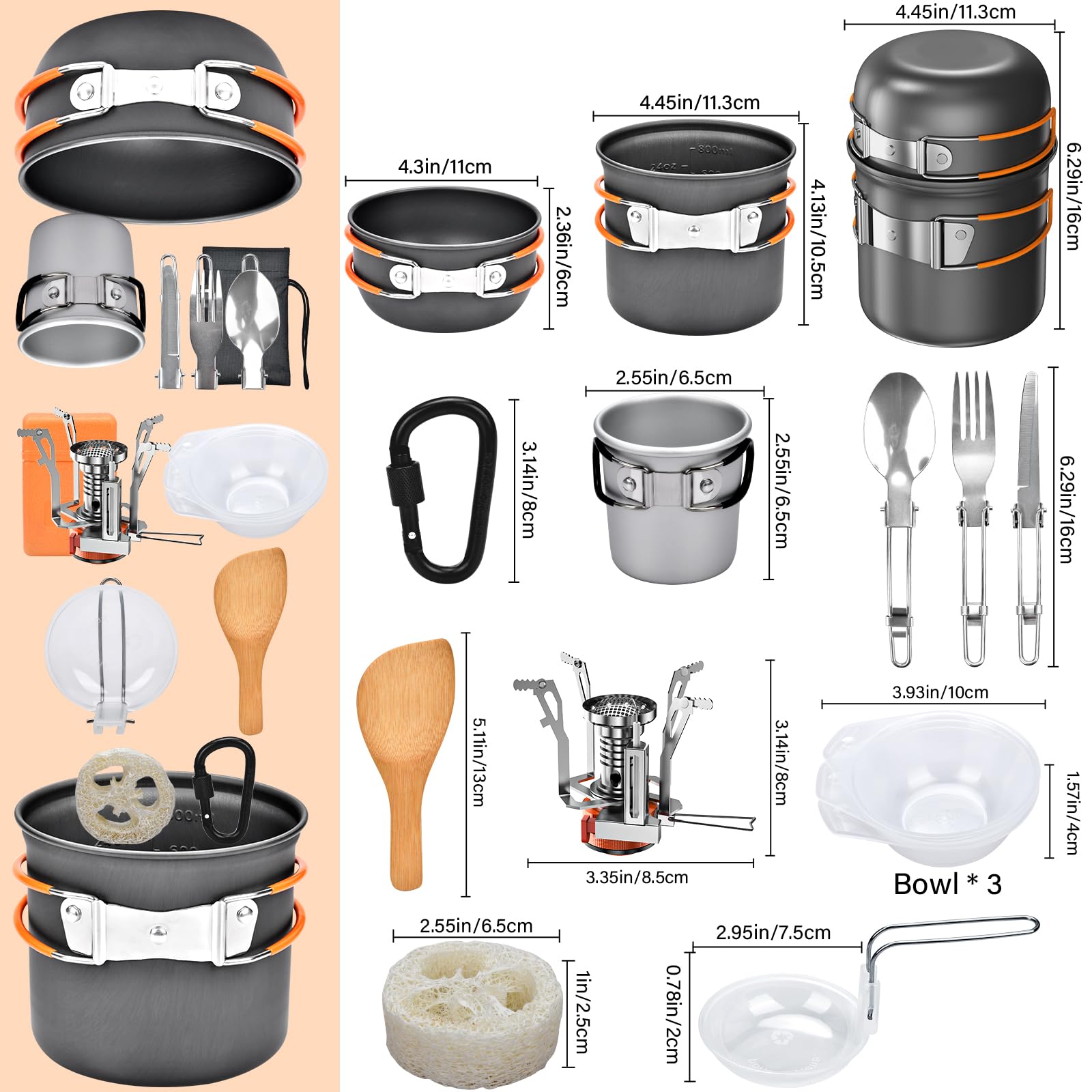 Onherm 15 Pezzi Set Pentole da Campeggio, Kit Pentole Cucina per Campeggio con Pentola e Padella Antiaderente da Campeggio, Fornellino da Campeggio, Tazza, Posate Pieghevoli, Moschettone