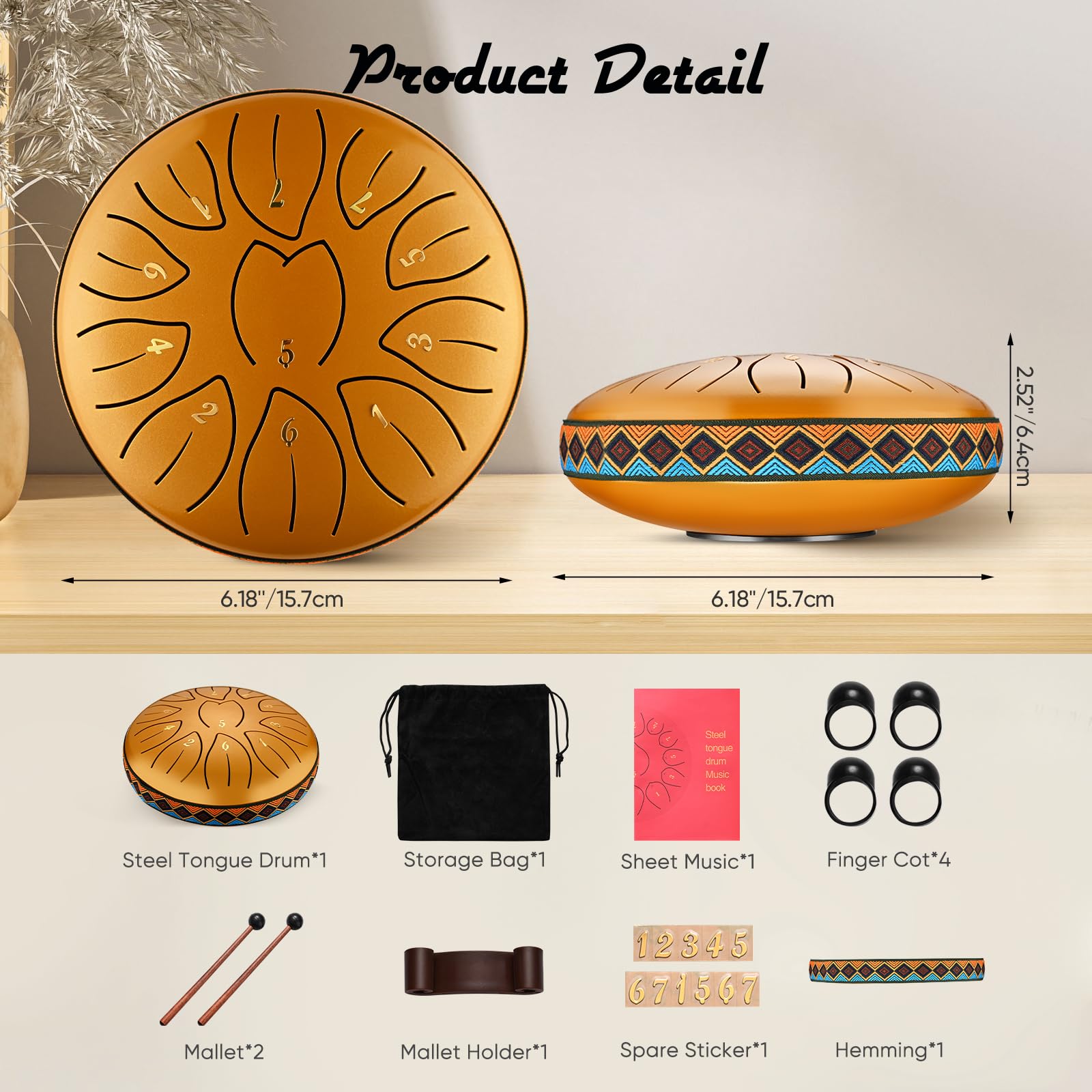 Tamburo in Acciaio Couleeur 6 Pollici 11 Note Handpan Tongue Drum Portatile Tamburo del Handpan in Acciaio al Carbonio con Bacchette, Plettri Dita Steel Tongue Drum Per Campeggio, Yoga, Meditazione