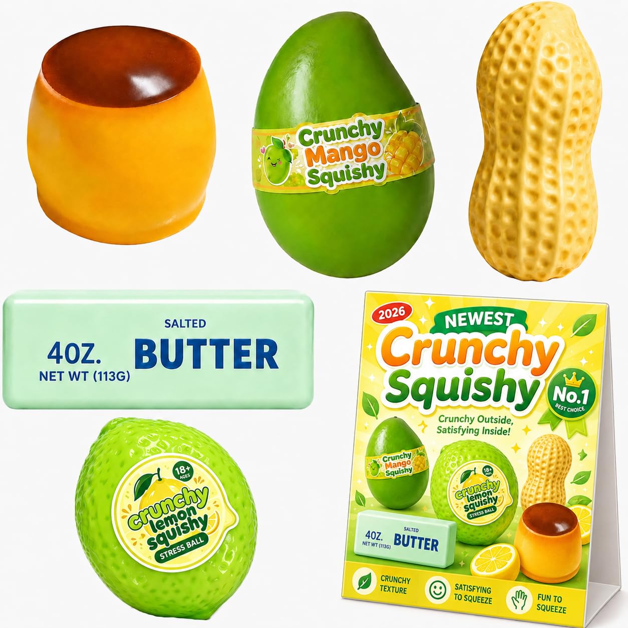 5PCS Crunchy Squishy Asmr Bead Filled, Crunchy Butter Mango Peanut Soap Pudding Squishies, Slow Rising Squeeze Realistic Food Stress Ball Rebound Moldable Party Favor Gifts for Adults (5pcs-c)