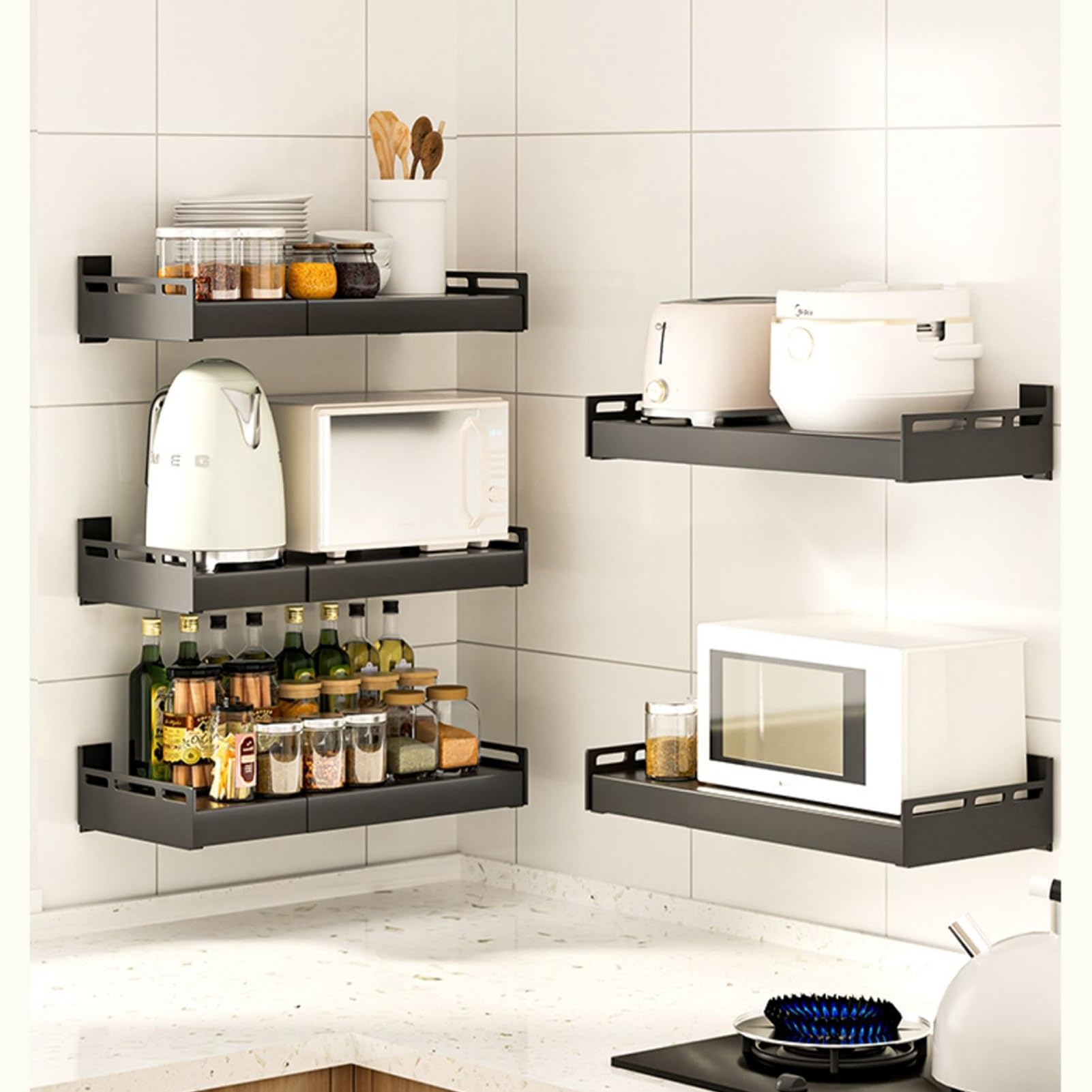 Soporte de pared ajustable para microondas,Estante metálico de cocina, montaje mural resistente para horno, electrodomésticos y almacenamiento