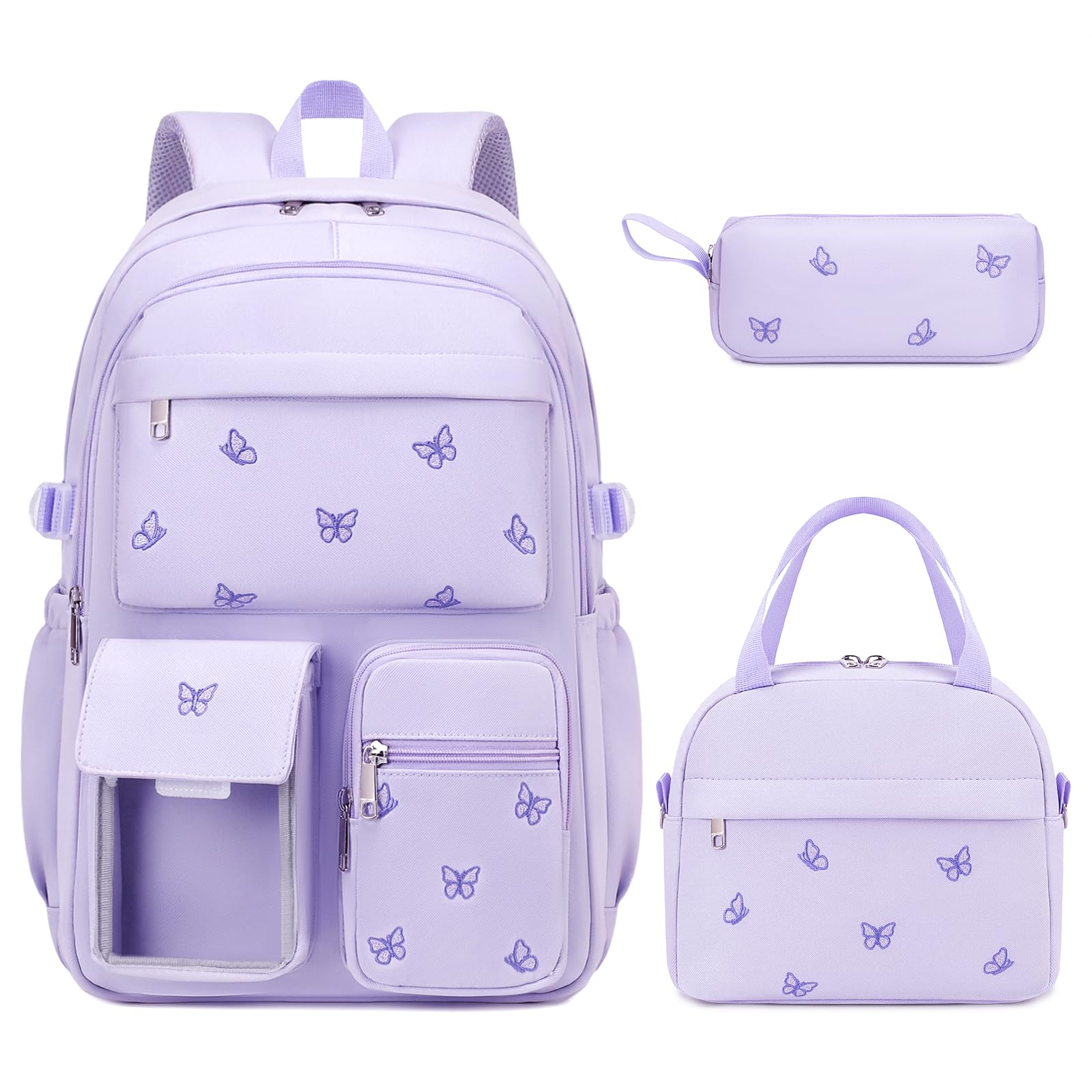 ACESAK 3PCS Embroidered Girls Backpack with Lunch Bag Set,Puple Batterfly | Cute School Bookbag include lunch bag and pencil case for Elementary Middle High School Students, Back to School Supplies