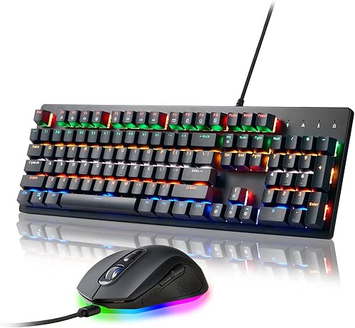 Combo de teclado mecánico y mouse, teclado con cable RGB retroiluminado de 104 teclas para juegos y mouse con cable de 7 botones 4800 DPI para PC