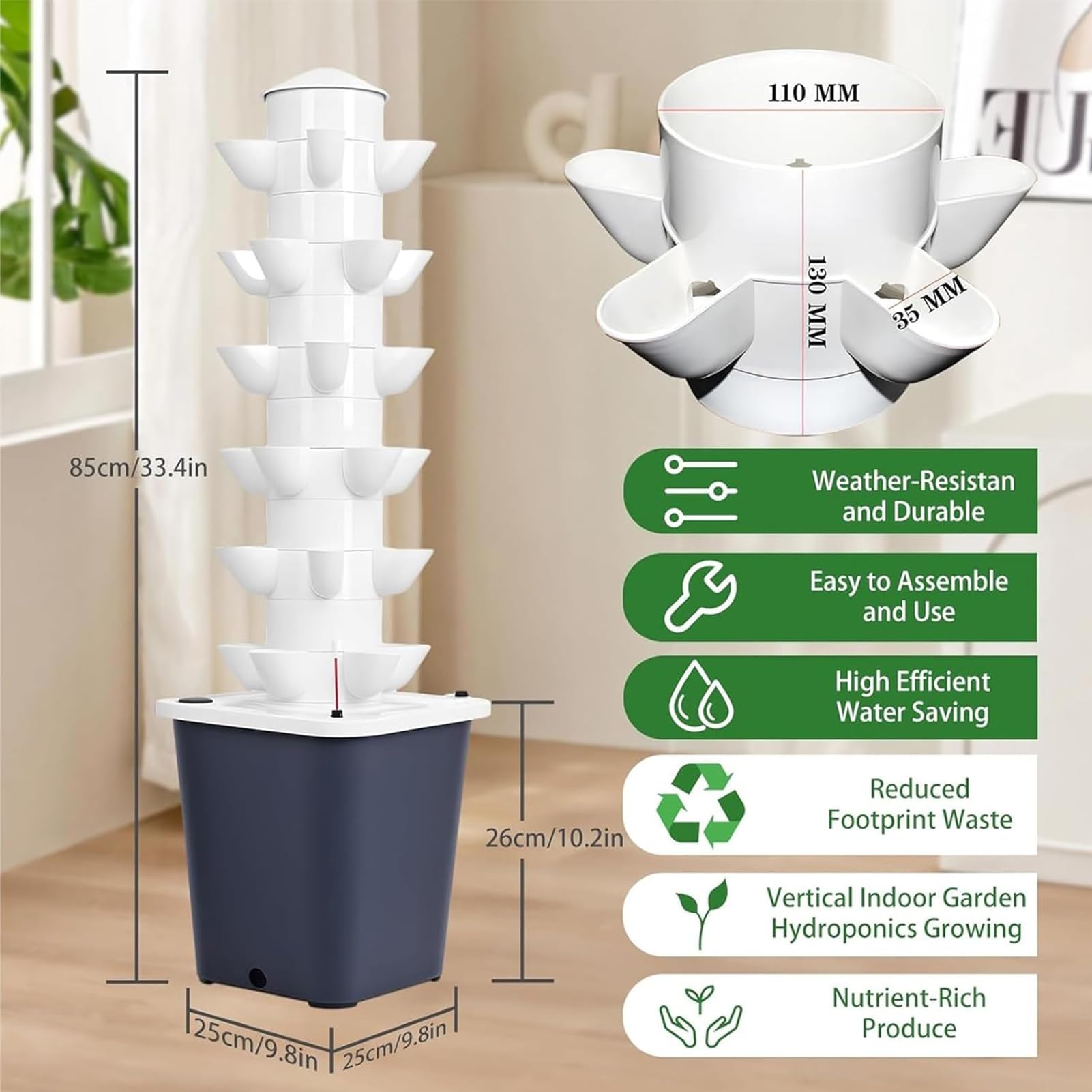 Sistema de Cultivo hidropónico | Aeroponics Indoor Tower Garden | para Hierbas, Frutas y Verduras con Bomba de hidratación, Adaptador, ollas de alimentación y Temporizador