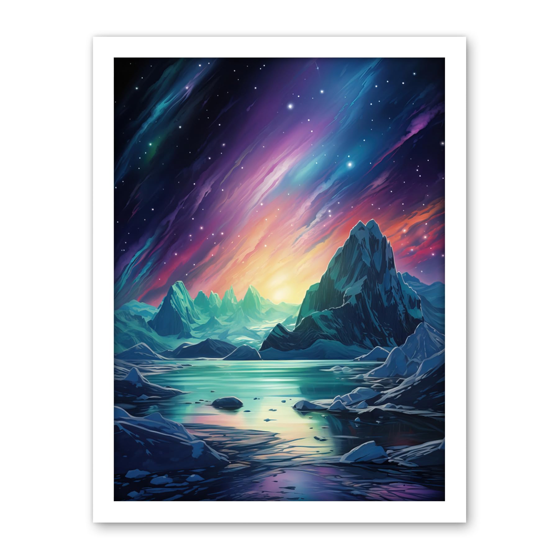 Artery8 Purple Aurora Borealis Dawn in Antarctica Oil Painting Blue Green Enchanting Arctic Ice Fantasy Landscape Artwork Framed Wall Art Print 18X24 Inch