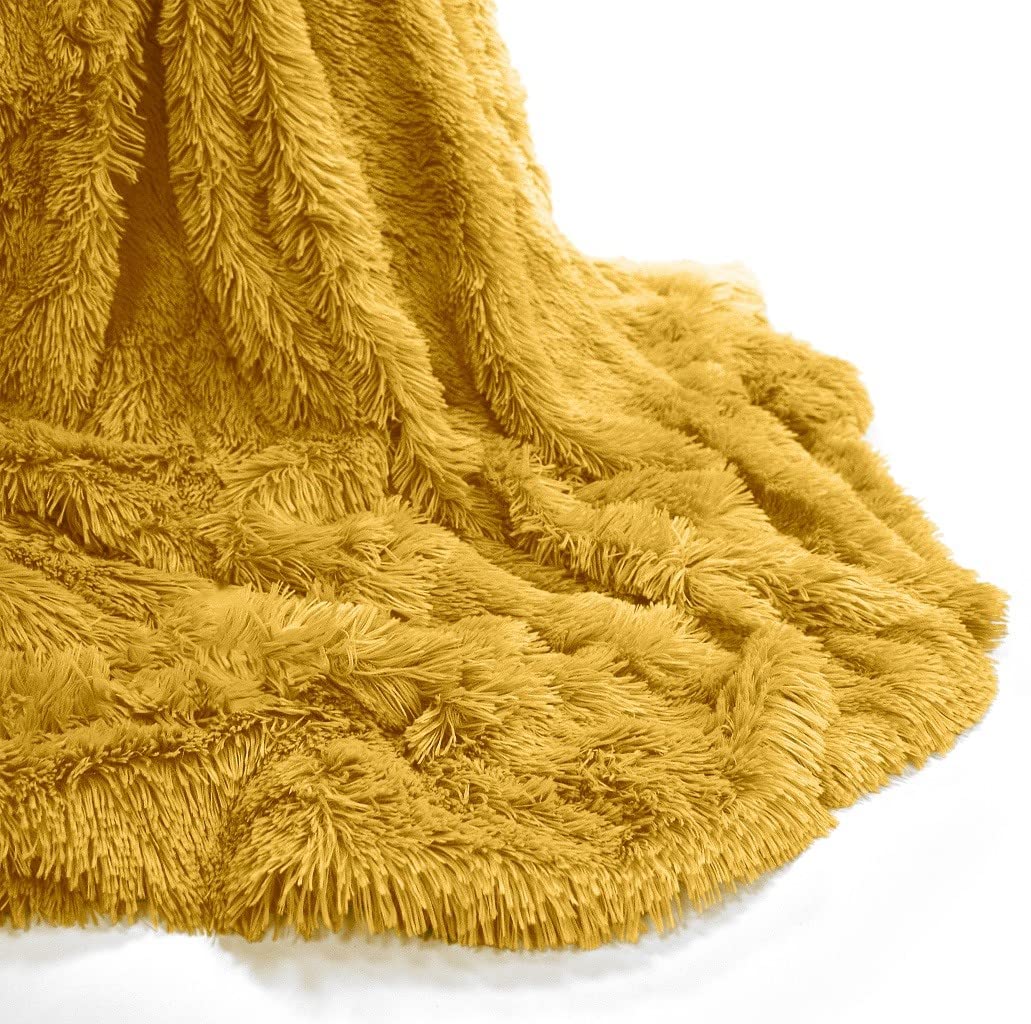 AMBERLINNEN LTD Cuddle Soft Cosy Warm Fleece Blanket Sofa Bed Long Shaggy Fur Throw 150 x 200cm (MUSTARD)