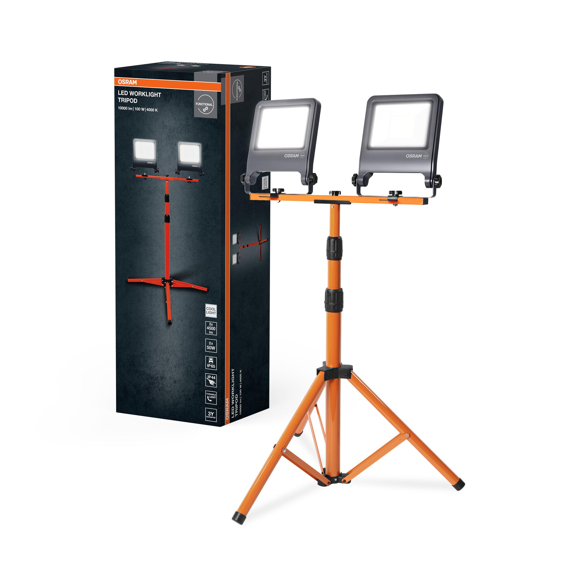 Osram LED Worklight Tripod Baustrahler mit Stativ, 2x50W, 9000lm, 4000K Kaltweiß, höhenverstellbar bis 1,8m, IP65
