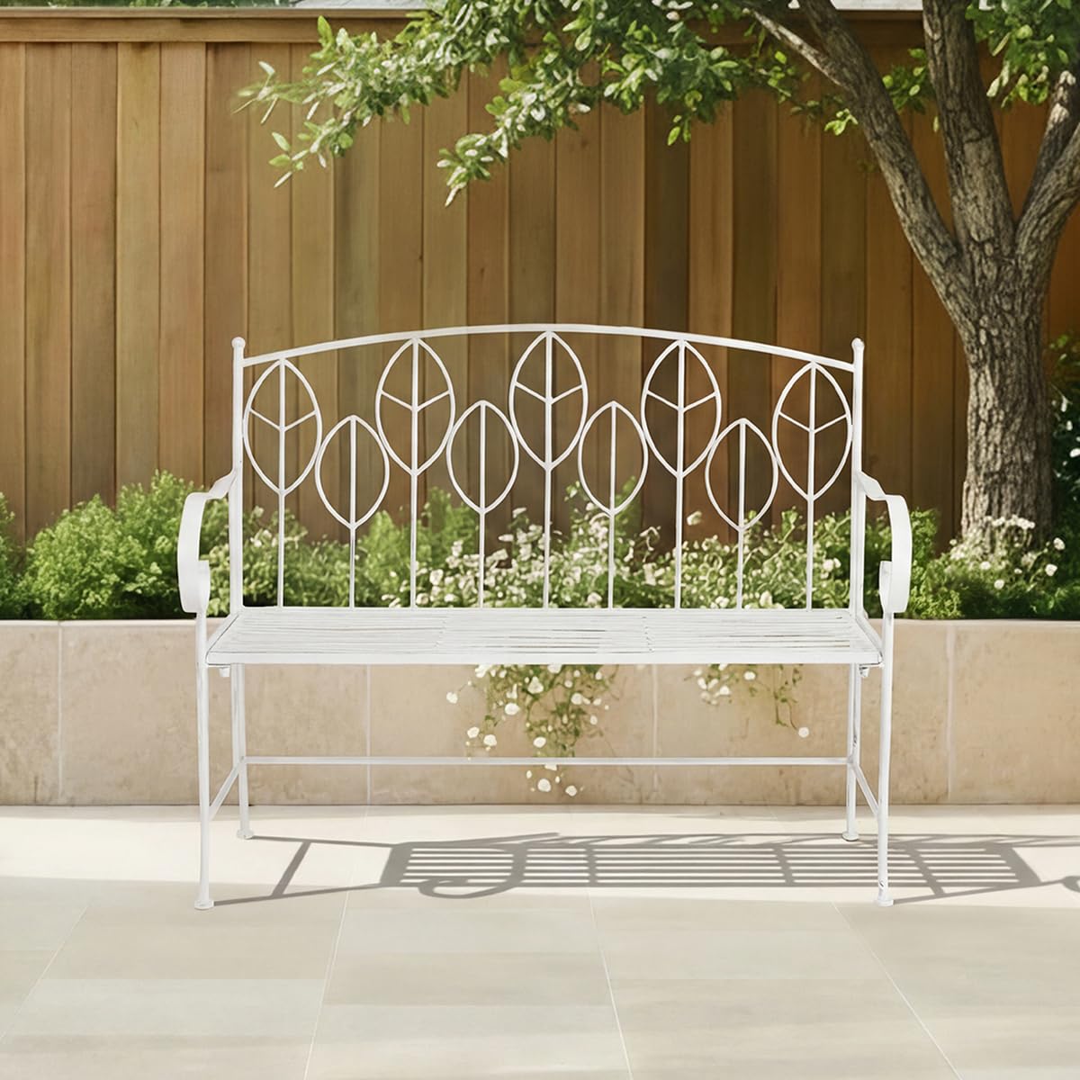 CHARLES BENTLEY Garden Bench, Antique White, Rustic Metal, Leaf Design, Lightweight, Weather Resistant, Outdoor, Patio, Balcony, Decorative Seating, Easy to Move, Modern Rustic, 2 Seater (106x92.5cm)