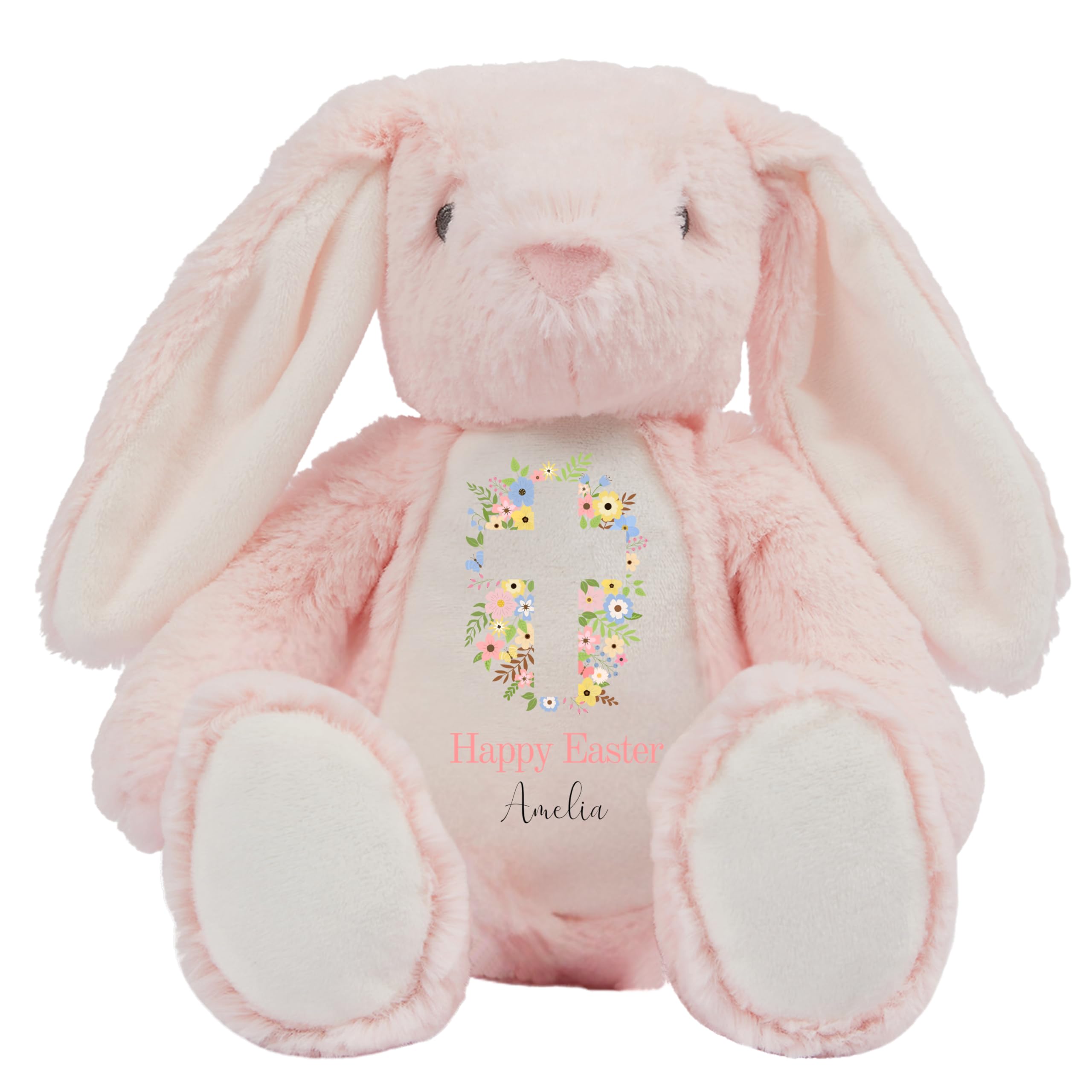 HotScamp Personalised Easter Bunny with Name - Happy Easter Cross Flowers Christian Jesus - Soft Toy for Baby, Toddler, Children, Kids, Babies Spring Time - Pin Bunny