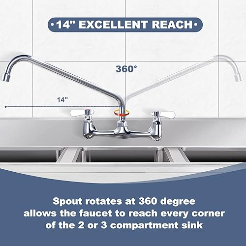 Miniatura 5 de Grifo de fregadero comercial con boquilla giratoria de 14 pulgadas, grifo de cocina de montaje en pared central de 8 pulgadas, grifo de fregadero de