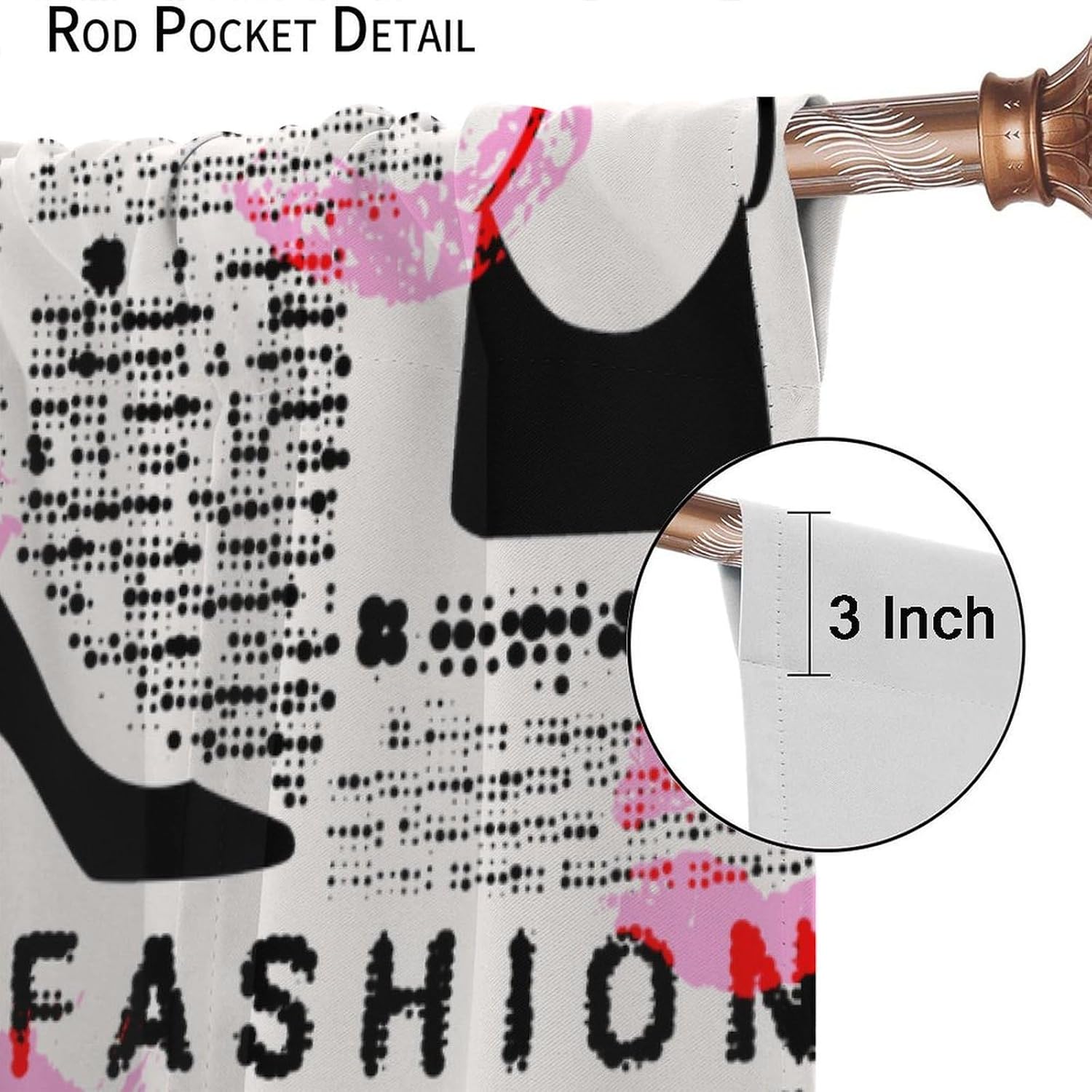 Old Newspaper Decor Window Curtain, Fashion Elements Kisses Lipstick Glasses Shoes Hangers Print for Home Kitchen Livingroom Coffee Room Window Curtain 2Panel 42" W X 63" L