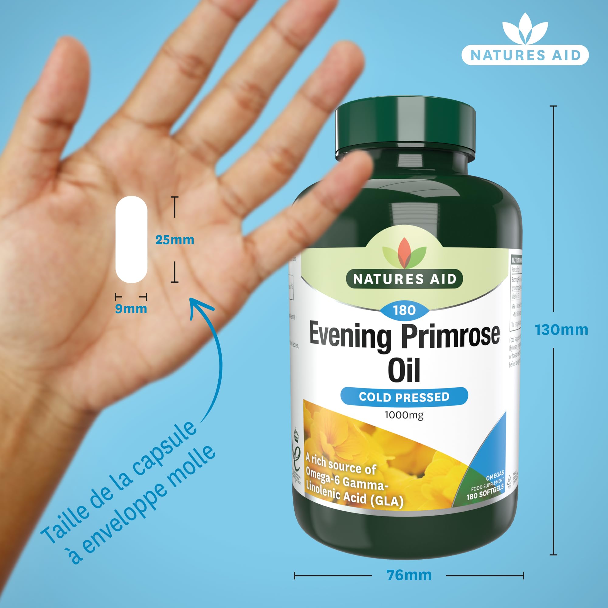 Natures Aid Huile d'Onagre 1000Mg en Gélules Souples - Source Naturelle d'Acides Gras Essentiels Omega 6 de Haute Puissance Pressés à Froid: Acide Gamma Linolénique (AGL) - 180 Jours en Capsules