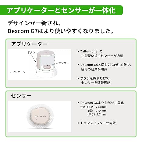 国内正規品/特典付きDexcom G7 CGMシステムセンサー パッチ 1個 特典のアルコール綿 1包付き デクスコムg7センサー STP-GT-016 アプリケーターセット Dexcomg7 24.1mm長さ x 27.4mm幅 x 4.7mm 厚さ）