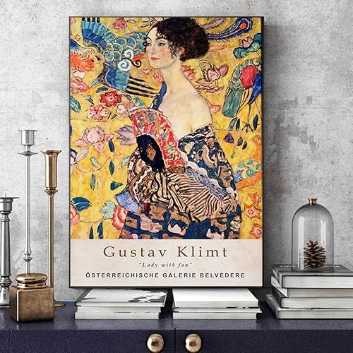 Pinturas vintage de Gustav Klimt, dama con fanáticos, lienzo de exposición de arte abstracto, arte de pared, póster de Gustav Klimt, impresiones