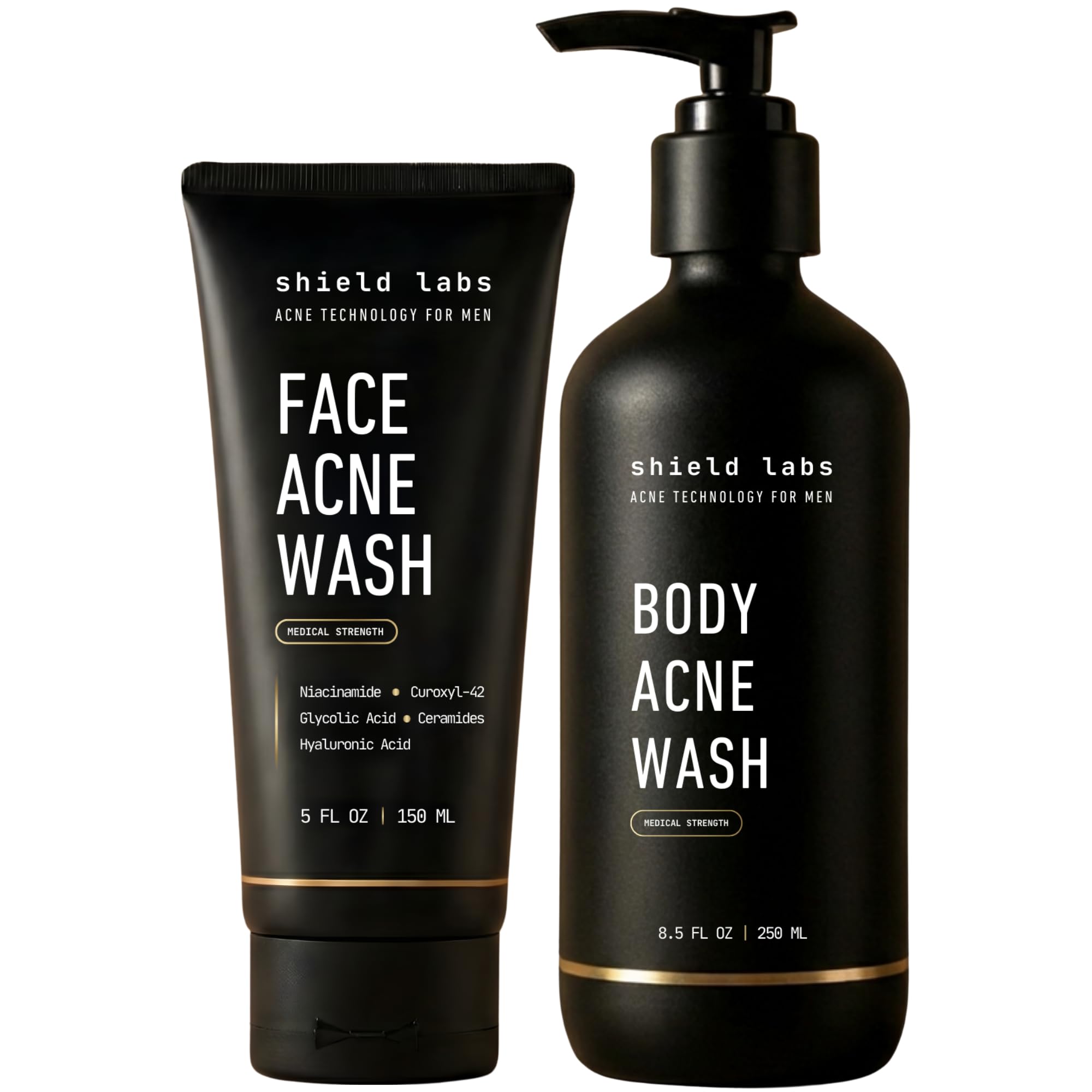 Shield Acne Wash Bundle for Men and Boys – Deep Clean Gel Formula Face Wash and Unscented Back & Chest Cleanser, Clears Acne & Breakouts, 13.6 oz