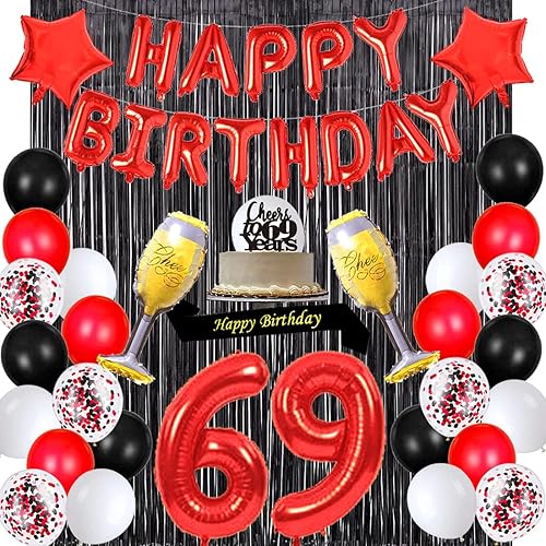santonila Decoraciones rojas de cumpleaños número 69, pancarta de feliz cumpleaños, banda de felicitación a los 69 años, decoración de pastel número