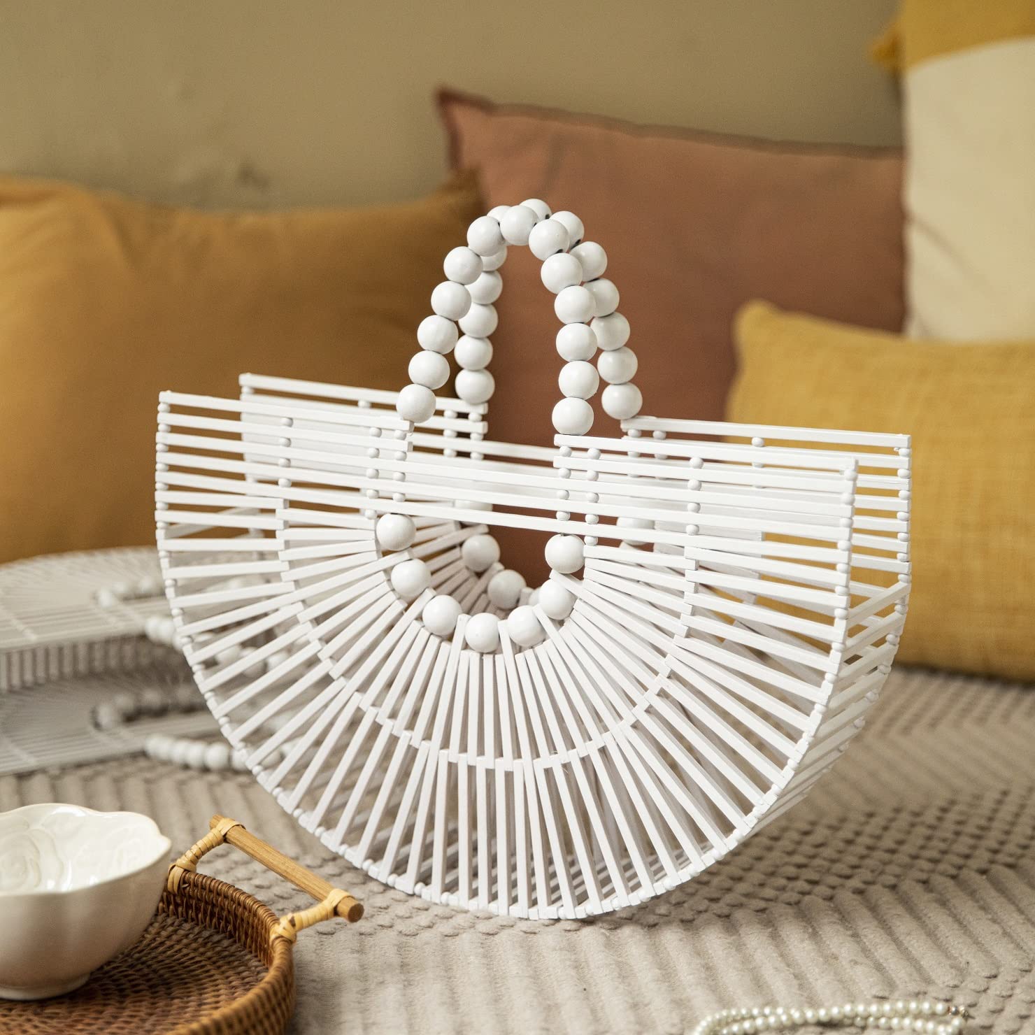 RULER TRUTH Womens Bamboo Handbags Summer Straw Beach Purse, Handmade Straw Purse for Women Natural Wicker Purse Rattan Purse for Women White