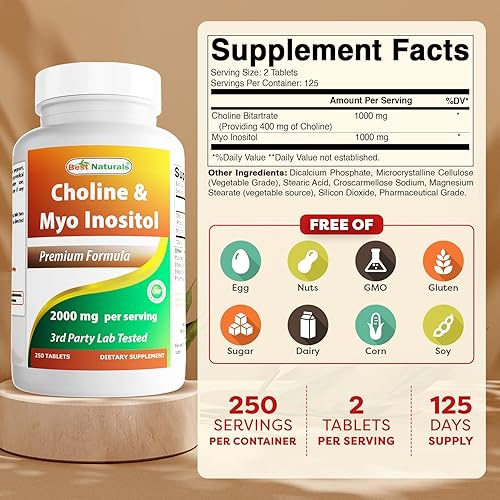 Miniatura 2 de Best Naturals Colina inositol (Myo Inositol) 2000 mg por porción 250 comprimidos - Sin OMG, sin gluten, fabricado en los Estados Unidos